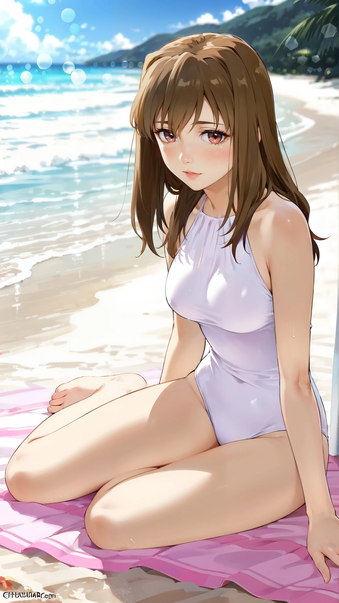 Draw the anime character Mizuhara from Rent-a-Girlfriend. Mizuhara has waist-length chestnut-brown hair with bangs and light brown eyes. Her hair is mostly let down except for a small braid on the right side of her head. She has fair skin and a slim, well-endowed figure with large breasts. Mizuhara is sitting on a beach in the night. Mizuhara is wearing a white dress and bare foot.