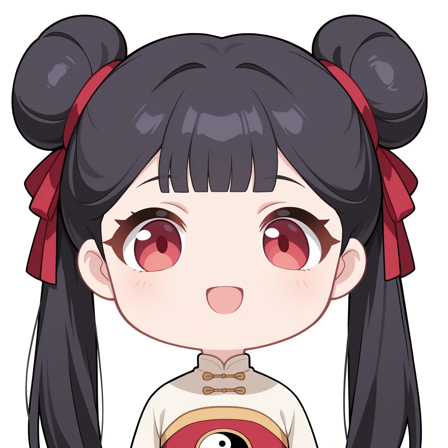 masterpiece,best quality,newest,absurdres,highres,1girl,no nose,solo,mutsuki face \(blue archive\),portrait,chibi,<lora:mutsukifacebaillusxl:0.8>,
white background,simple background,:d,
BREAK <lora:limeiling_CCS98_illuV01_b3g2plw1c1wd05_d32a16_lr1200y986_rvs:1>,
limeiling_CCS98,black hair,long hair,twintails,double bun,hair ribbon,red ribbon,blunt bangs,red eyes,chinese clothes,gold trim,yin yang print clothes,