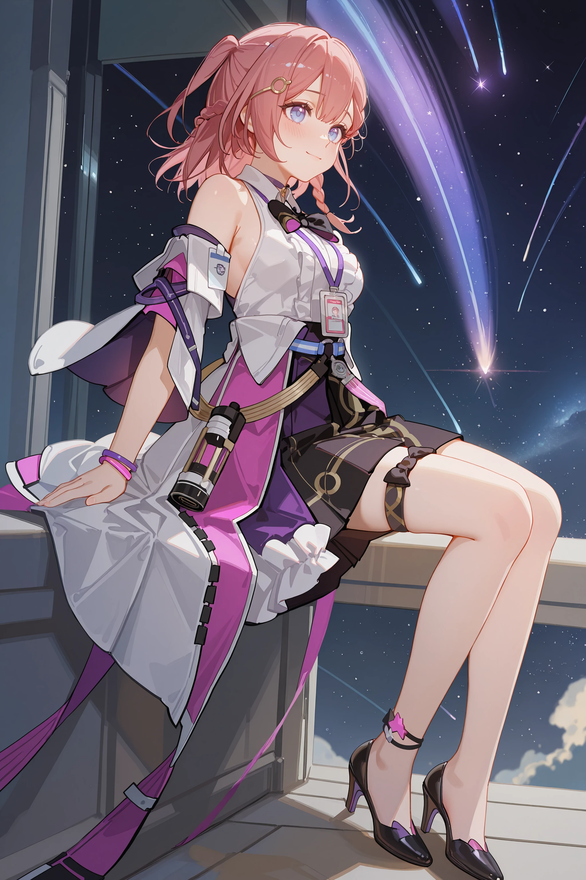 1girl, asta \(honkai: star rail\), detached sleeves, sleeveless shirt, id card, high heels, high-waist skirt, overskirt, anklet, thigh strap, bracelet, hairpin, belt, bowtie, choker, starry sky, shooting star, light smile, blush, embarrassed, full body, sitting sideways, yokozuwari <lora:Char-HonkaiSR-Asta-V3-IL:0.9:hr=0.6>, ciloranko, alphonse \(white datura\), ask \(askzy\), gomzi, you shimizu
masterpiece, best quality, amazing quality, very aesthetic, absurdres, newest, (scenery, volumetric lighting), ray tracing, (bloom:1.4), cinematic
