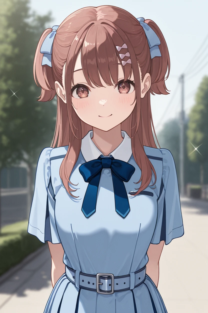masterpiece, best quality, very aesthetic, newest, absurdres, highres,
1girl, solo,
<lora:SeraHonokaIllustriousV1:1> serahonoka, brown hair, long hair, two side up, hair bow, hair ribbon, brown eyes,
<lora:BokuWaSonzaiDressIllustriousV1:0.8> bokuwasonzaidress, pleated dress, blue dress, blue bowtie, belt, short sleeves,
upper body, looking at viewer, smile, blurry background, outdoors, diffraction spikes,