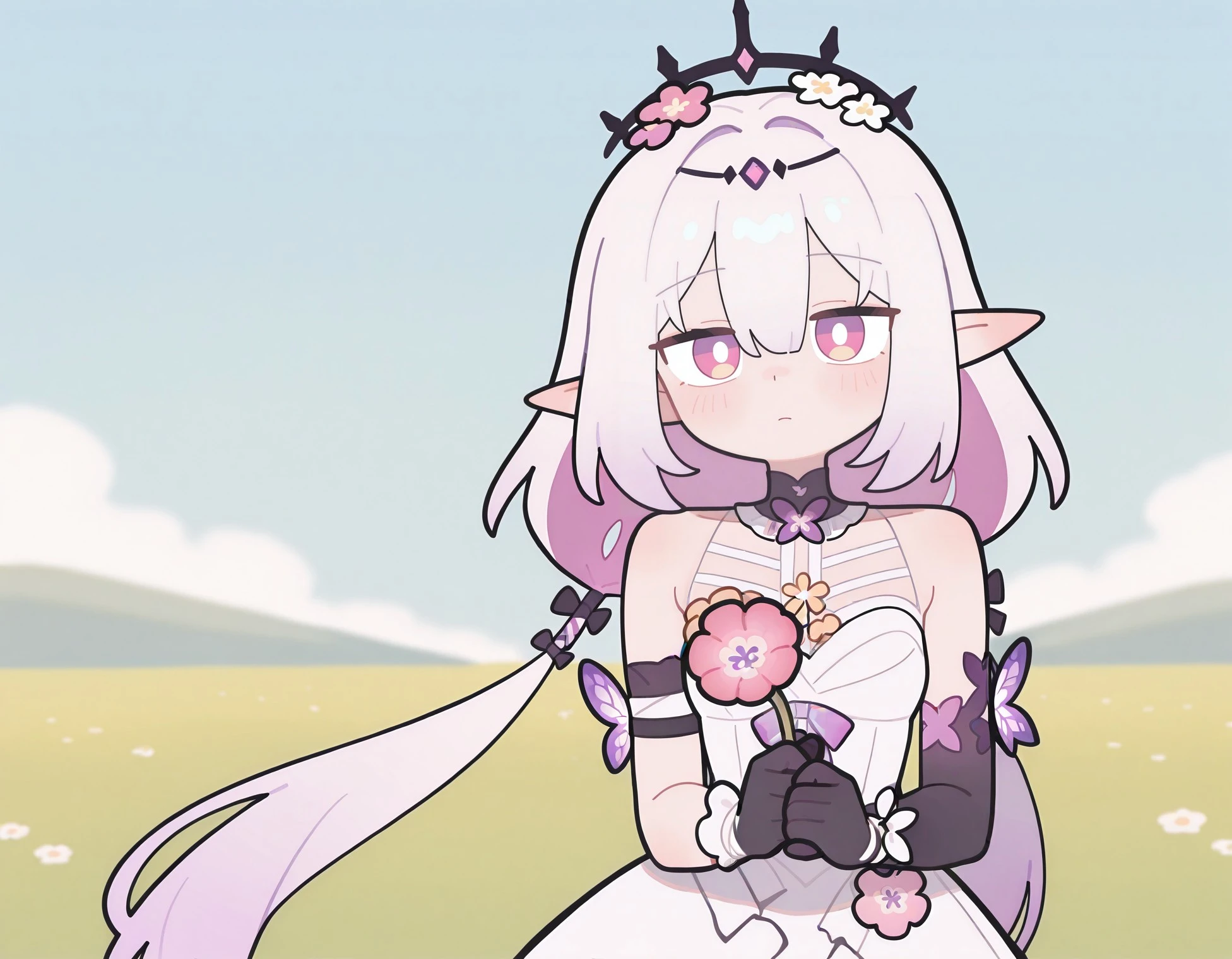 masterpiece, best quality, very aesthetic, absurdres, [detailed face], [detailed eyes], Cas1or9ce, 1girl, solo, long hair, looking at viewer, bangs, hair ornament, gloves, dress, hair between eyes,  shoulders, closed mouth, purple eyes, pink hair, purple hair, flower, white hair, multicolored hair, outdoors, pointy ears, black gloves, pink eyes, elf, m1nma_sty, <lora:1941ab7c-ce12-4e93-ab29-b2c2f8dbb61b:0.9>, <lora:3665baa2-08f6-4660-934b-361ecc47bea5:0.7>