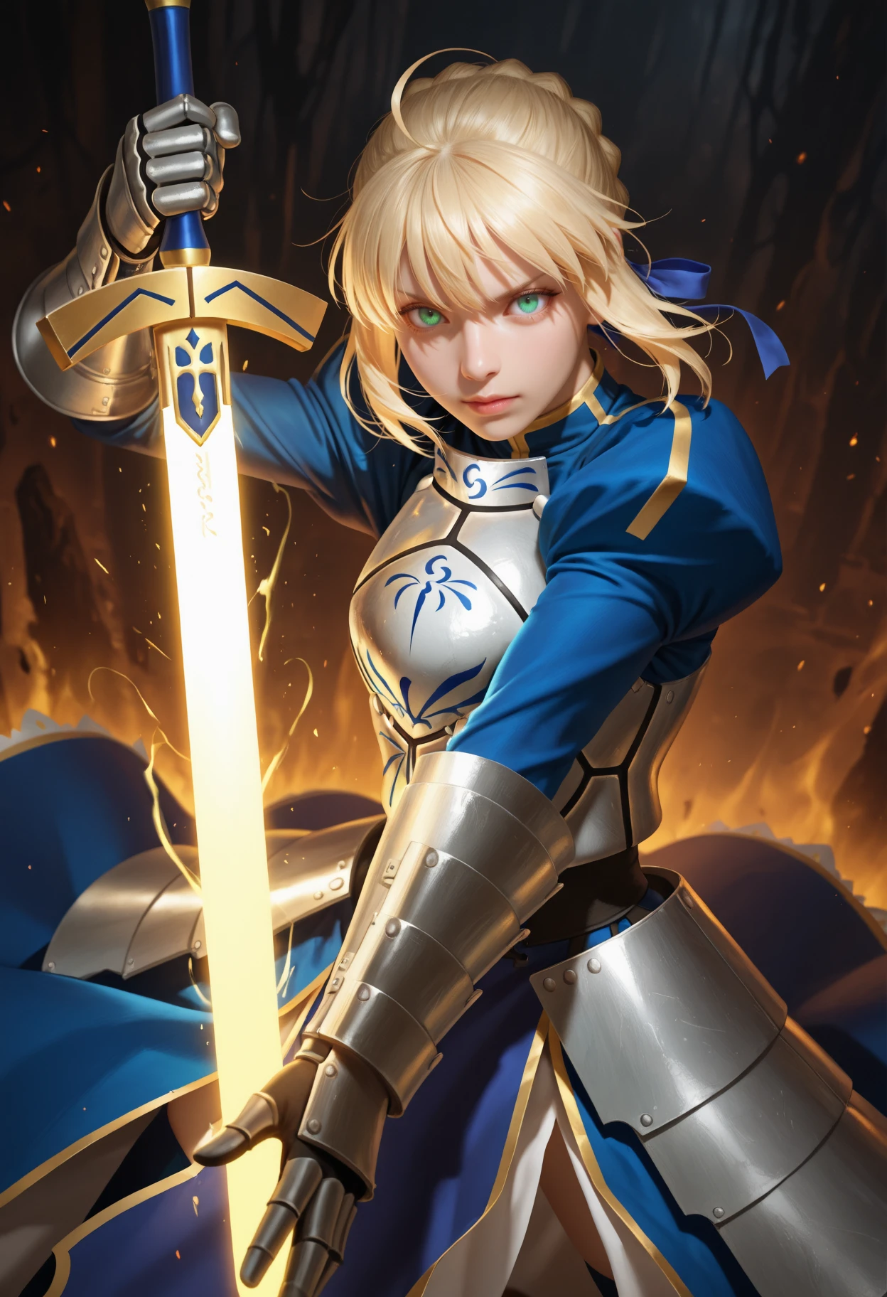 masterpiece, best quality, realistic,
1boy, solo, 
 dynamic angle, dark environment, 
1girl, armor, dynamic pose, saber, fate_(series), 1girl, blonde_hair, green_eyes, tied braid hair, holding sword, gauntlet,  gold glowing sword, aura
 <lora:Dynamic lighting[IL]:0.5> dynamiclighting