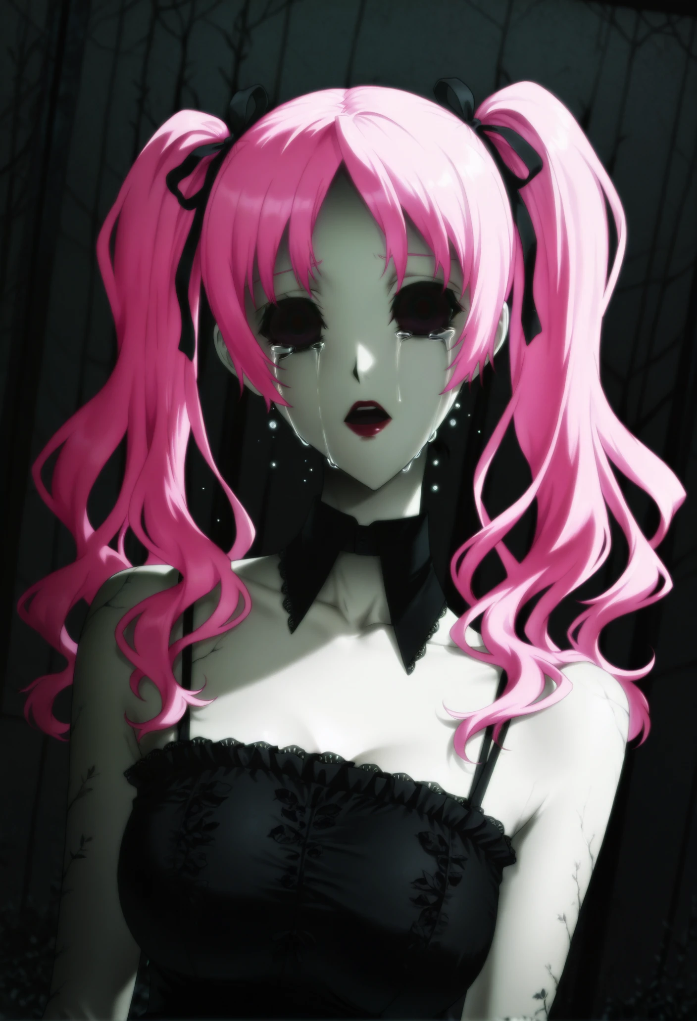 megumi shimizu, 1girl, pink hair, twintails, hair ribbon, looking at viewer, gothic, black sclera, black eyes, empty eyes, black dress, bare shoulders, upper body, lipstick, open mouth, crying, sad, frown, crying with eyes open, tears, dark, horror (theme), dutch angle, blurry, wallpaper, graphic novel illustration, masterpiece, best quality, highres, very aesthetic, very awa, newest, amazing details, intricate details, ultra detailed