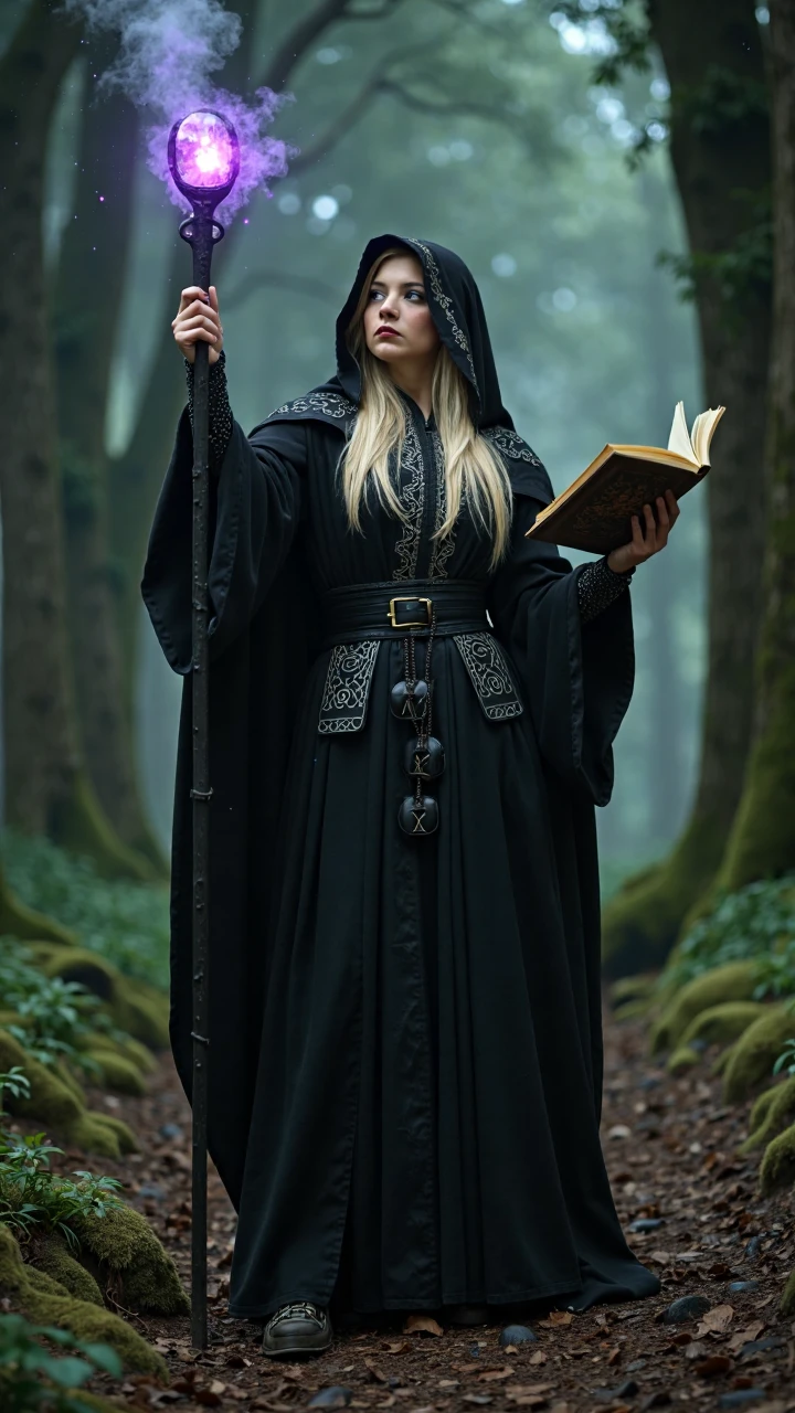 The scene is set deep in a dark and mysterious forest, with a backdrop of tall ancient trees covered in moss and vines, the ground scattered with fallen leaves and strange mushrooms, the air filled with moisture and a faint mist, with the subtle sounds of wind and birdsong creating an eerie and supernatural atmosphere, portraying the tension and sacredness of a wizard conducting a mysterious ritual.
The shooting angle is chosen with a slightly upward view, with the camera height corresponding to the knee or waist position of the female model, focusing on the scene of the blonde female model wearing a black wizard robe holding a staff and a rune book while performing a ritual, clearly presenting her posture, expression, and the details of the props. The dense forest and mist in the background are appropriately blurred to create a sense of depth, highlighting the witch as the focal point of the image. The light mainly comes from the faint natural light filtering through the canopy and the mysterious glow around her (possibly the effect of a spell or the aura emitted by the rune book), presenting a strong contrast between light and dark. The light pours from above, outlining the folds of the robe, the texture of the staff, and the details of the rune book, with the glow reflecting on her face, showcasing an extraordinary aura. Shadows and mist-covered areas add to the mystery and oppressive feeling. The overall composition places the witch at the center of the image, with her body in a dynamic spell-casting posture, leaving a small amount of dense forest background and floating mist around, creating a bizarre and magical visual effect. The color tones are mainly deep green of the forest and black of the robe, paired with faint purple or blue of the glow, forming a cold and mysterious atmosphere.
The female model is dressed in a black wizard robe, the robe is large and reaches the ankle, with slightly worn edges, the cuffs and neckline embroidered with silver or dark gold rune patterns, a belt with small bags and amulets tied around the waist, the overall look is full of dark magic aura. Her blonde hair falls from the hood of the robe, possibly slightly blown by the wind, adding a touch of movement. Her face is delicate and cold, skin pale, eyes focused and deep, lips slightly parted as if chanting a spell, revealing an air of transcendence and dignity. One hand is raised high holding a staff, the top of the staff inlaid with a glowing crystal or carved with complex runes, the other hand holding an open ancient rune book, the pages yellowed and emitting a faint glow, fingers gently pressed on the pages, movement elegant and full of strength. Her posture is full of dynamism, possibly slightly leaning forward or sideways, surrounded by faint magical glows or floating rune effects, showing the critical moment of casting a spell. Close-up shots may focus on her eyes, the crystal at the top of the staff, or the details of the rune book, with the shadows and mist in the background further enhancing the mystery and danger of the ritual. Her posture and expression are compelling, drawing the audience's gaze to the witch's mysterious aura and magical power, feeling a supernatural emotional resonance, as if they themselves are in this deep forest witnessing this magic-filled and unknown ritual, immersed in this eerie yet sacred moment.
