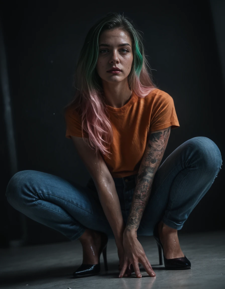 <lora:Realism_Lora_By_Stable_Yogi_Pony_V2:0.6>
sexy girl, semi realistic, cinematic lighting, full body in frame, volumetric lighting, ray tracing, shining glossy skin, soft lighting, realistic skin, bloom effect, masterpiece, absolutely eye-catching, Studio lighting, low saturation, dark, neon lights, simple background, photo shoot, black background, white floor, blurred background, 1girl, 20 years old, hourglass body, perfect proportioned face, feet, long hair, multicolored hair, slim waist, pink hair, green hair, green eyes, lipstick, makeup, detailed face, beautiful face, high heels, tattoo, arm tattoo, leg tattoo, dynamic angle, oiled, slick, sweaty, wet, tan lines, detailed sweat drops, excessive sweat, , squatting, wide squat, seductive, , dynamic angle, wide spread legs, squatting, pureerosface_, blushing, looking at viewer, wearing orange shirt, blue jeans ,