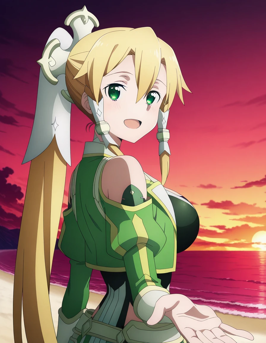 masterpiece, best quality, amazing quality,, <lora:suguha-kirigaya-s3-illustriousxl-lora-nochekaiser:1>, suguha kirigaya, leafa (sao), long hair, blonde hair, hair ornament, green eyes, ponytail, hair tubes, mature female, breasts, anime screencap, <lora:looking-back-reaching-towards-viewer-illustriousxl-lora-nochekaiser:1>, looking back reaching towards viewer, looking at viewer, smile, looking back, open mouth, reaching towards viewer, beach, half-closed eyes, cowboy shot, sunset, , ,
