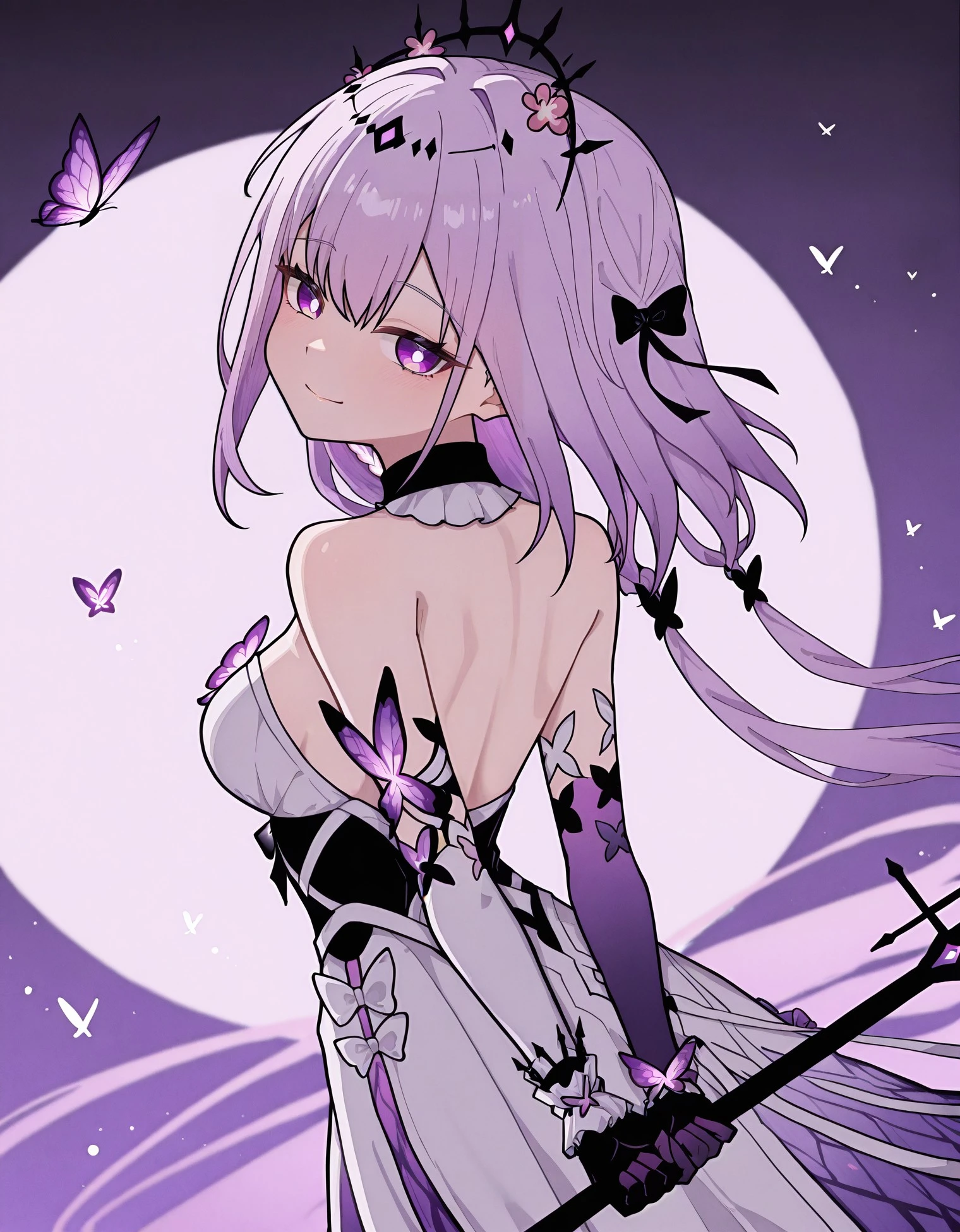 masterpiece, best quality, very aesthetic, absurdres, [detailed face], [detailed eyes], Cas1or9ce, 1girl, solo, long hair, , looking at viewer, smile, bangs, hair ornament, gloves, dress, holding,  shoulders, twintails, closed mouth, purple eyes, weapon, purple hair, hair bow, looking back, holding weapon, arms behind back, butterfly, Z4nu Style, <lora:1941ab7c-ce12-4e93-ab29-b2c2f8dbb61b:0.9>, <lora:758aa813-218f-4518-a595-fbc4bf1ac26b:0.9>