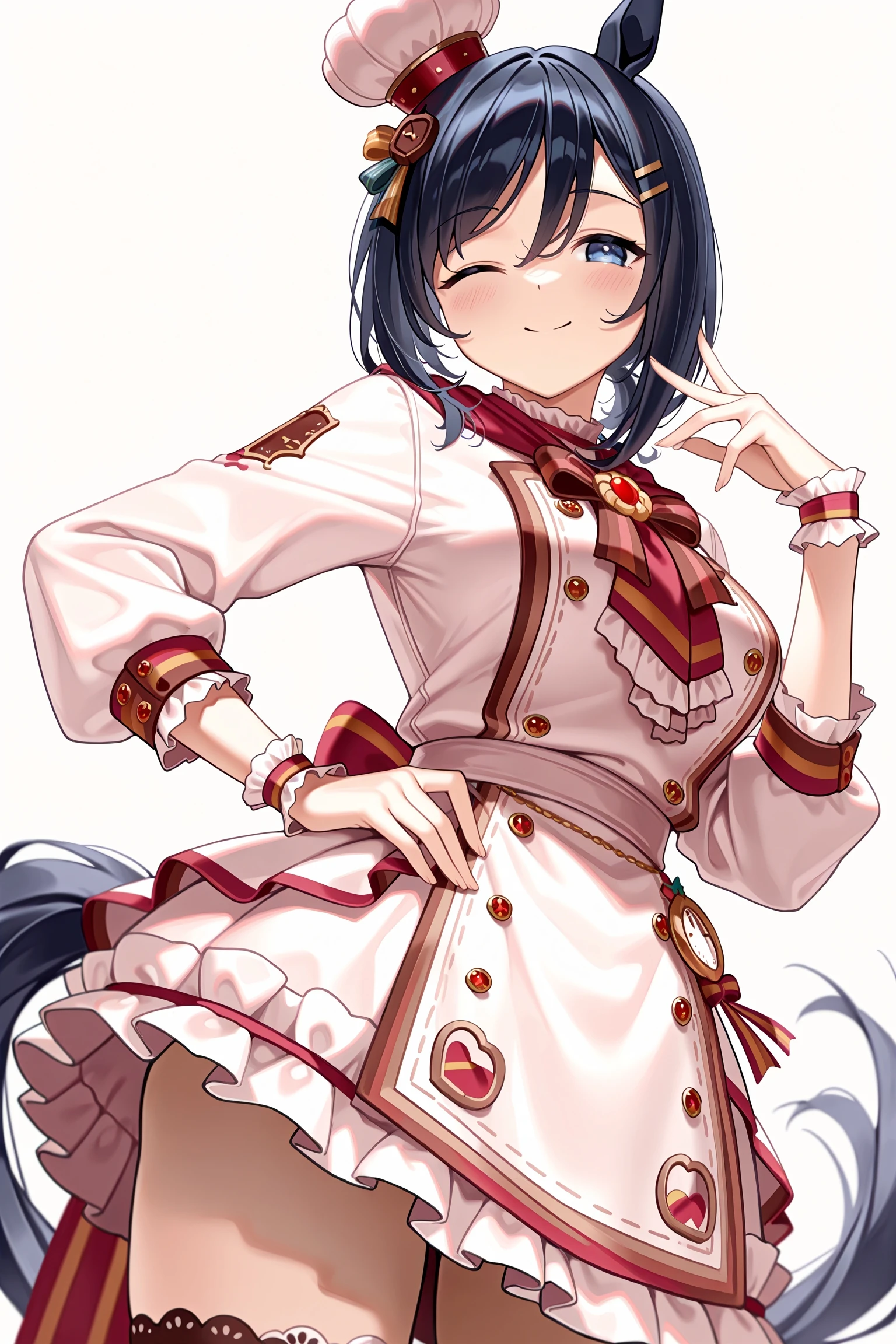 1girl, solo, eishin flash \(collect chocolatier\) \(umamusume\), horse girl, horse tail,
smile, one eye closed, split mouth,
standing, hand on own hip,
white background,
cowboy shot, dutch angle, looking at viewer,
<lora:collectchocolatierillv1:0.9>,, masterpiece, best quality, amazing quality, very aesthetic, absurdres, highres, newest,<lora:xl_saturation_slider:0.1> <lora:add-detail-xl:1> <lora:illustriousXLv01_stabilizer_v1.121:0.4> <lora:reduce_wrinkles_illstriouosv0.1_ADDifT_2_in_1_v1.2:0.9>