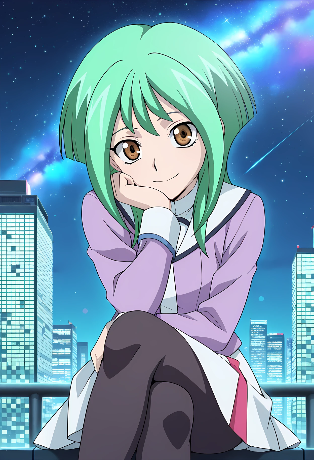 masterpiece,best quality,amazing quality,

solo, 

Tokoha Anjou (Cardfight Vanguard), long hair, green hair, brown eyes, 

school uniform, serafuku, purple shirt, white sailor collar, long sleeves, white skirt, black pantyhose, 

looking at viewer, smile, cheeks leaning on arm,

cinematic, crossing legs, 

Outdoors, night, On top skyscraper, sci-fi city, (galaxy sky:1.2),

Lens flare, bloom, detailed shadow,

Official style, anime screencap, anime coloring,












