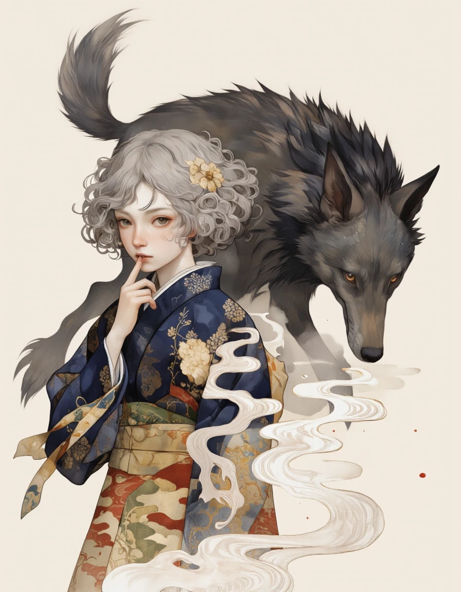 Art by Vvika. A digital illustration shoot from a profile camera angle about a girl with short, curly gray hair wearing a traditional japanese kimono, standing in the middle of the image, with a mysterious expression and a hint of a finger to her lips. the girl, who appears to be in her early twenties, has light skin and is looking directly at the viewer with large, expressive eyes. her hair is styled in a short, wavy manner with a few strands framing her face. she has a small, delicate hair ornament in her hair. behind her, a large, black wolf with sharp, pointed ears and a long, bushy tail is standing with its head turned to the side, as if deep in thought. the wolf's fur is detailed and has a glossy texture, adding to the sense of realism in the image. the background is a simple, light beige color, which complements the intricate details of the characters' clothing and the subtle, ethereal quality of the illustration.