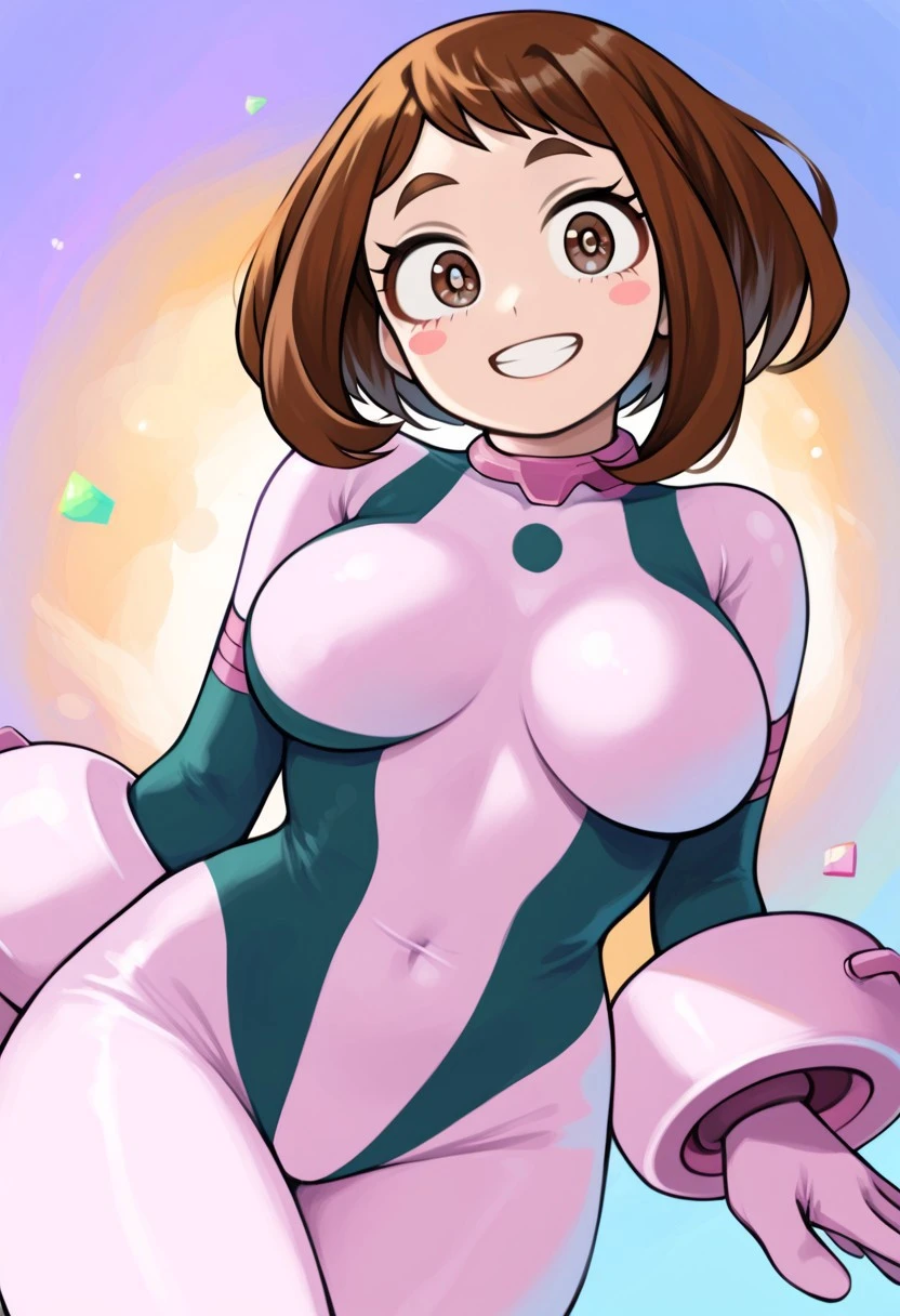score_9, score_8_up, score_7_up, score_6_up, score_5_up, score_4_up, source_cartoon, <lora:confetti-extract- ponyxl:0.85>, detailed eyes, easynegative, rating_explicit, Expressiveh, 1girl, solo, furin, big breasts, smiling at viewer, large breasts, close up
ochaco uraraka, breasts, blush stickers, smile, short hair, large breasts, brown hair, brown eyes, sidelocks, bodysuit, multicolored clothes, skin tight, black bodysuit, superhero, pink bodysuit, multicolored bodysuit, two-tone bodysuit,