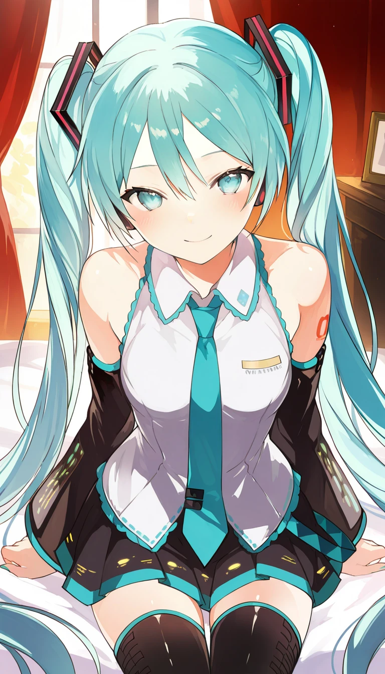 (masterpiece),best quality,amazing quality,very aesthetic,absurdres,newest,perfect body,shiny skin,perfect eyes,detail1eye,well-defined fingers,well-defined fingernails,anime style,indoors,1girl,solo,upper body,(portrait:1.5),looking at viewer,facing viewer,smile,blush,Lpip style,hatsune miku,absurdly long hair,aqua hair,twintails,hair ornament,sidelocks,hair between eyes,parted bangs,aqua eyes,white shirt,collared shirt,bare shoulders,sleeveless shirt,aqua necktie,detached sleeves,black sleeves,shoulder tattoo,fringe,miniskirt,pleated skirt,zettai ryouiki,black thighhighs,thigh boots,<lora:Hatsune Miku(voc)-Illus-Remake:1.6>,<lora:Lpip[style]-Illus:1.6>,