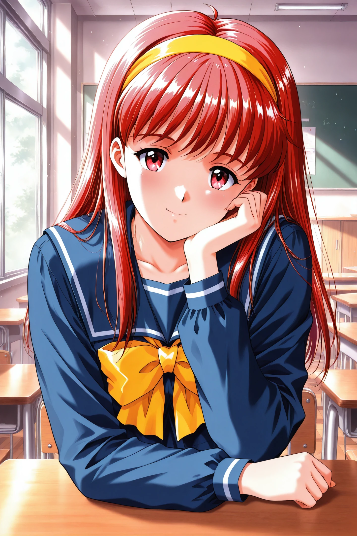 Ai Maker Style,Fujisaki Shiori,1girl,solo,red eyes,long hair,hairband,red hair,head rest,long sleeves,smile,yellow hairband,looking at viewer,upper body,blue school uniform,indoors,bow,classroom,
<lora:Tokimeki Memorial_illustriousXL_v2:1>,