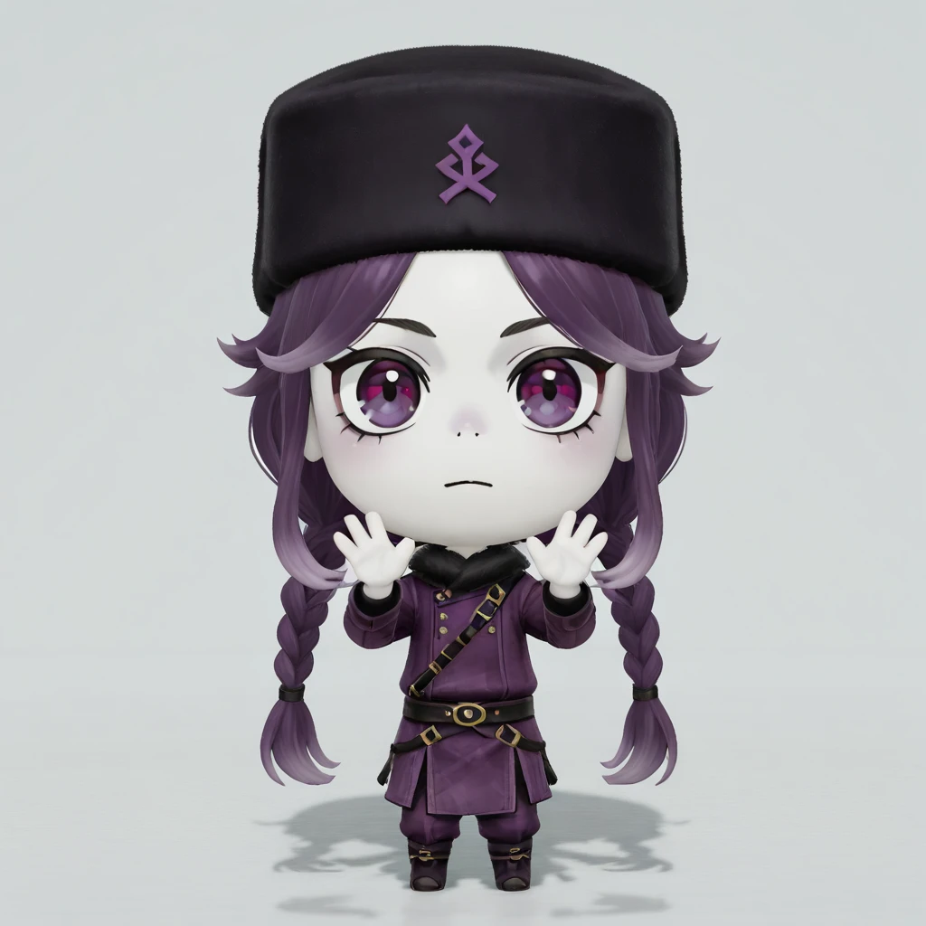 <lora:Miitopia_Miis:1> miitopiamii, 3d, chibi, 1boy, solo, hazel hair, hazel clothes, dark purple eyes, pale skin, fur_hat, braid, Hands in the air, palms facing outward