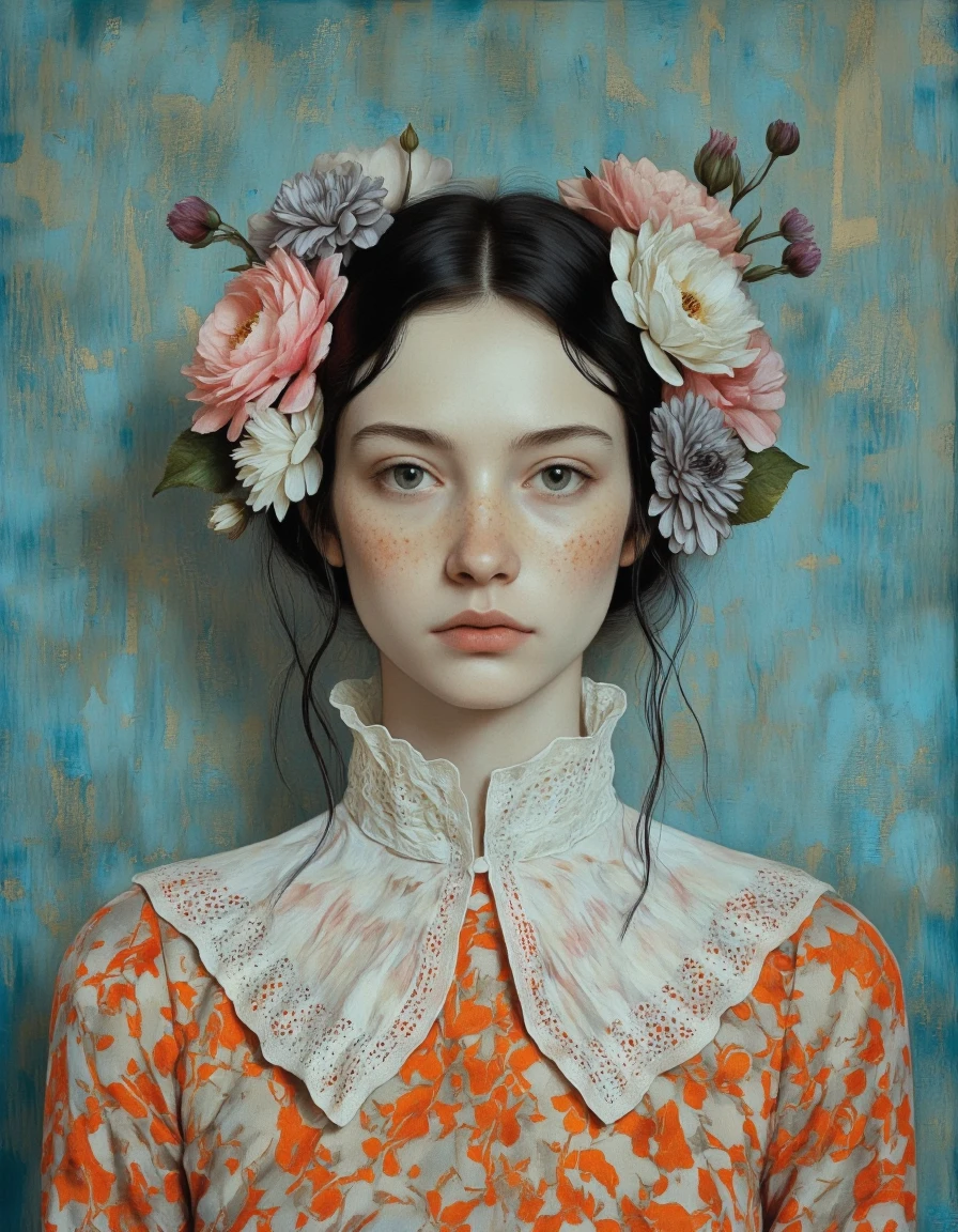 Art by Vvika. A photo-realistic portrait shoot from a close-up camera angle about a woman with freckles and flowers in her hair, set against a teal textured background. the image also shows soft, ethereal lighting and a dreamy atmosphere. on the middle of the image, a 1girl, who appears to be around 20 years old, with light skin, black hair, and green eyes, is looking directly at the viewer with a serious expression. she is wearing an orange and white floral dress with a white lace collar, and her hair is adorned with flowers in shades of pink, white, and gray. the background is a textured teal wall with hints of green, giving the image a soft, dreamy feel.