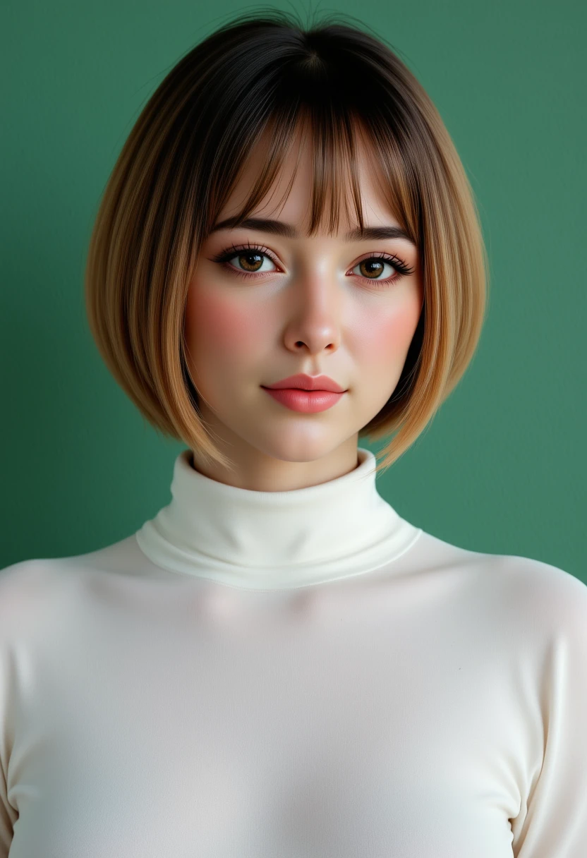 Headshots,a digital painting of a beautiful woman,Hyperrealistic, she is smiling, dynamic angles, multiple angles, photoshoot poses; A photo of Annika 161 pro series, a woman with Short hair,, she has massive breasts, a beautiful girl,she is wearing a white turtleneck sweater.she has massive breasts, she has piercing eyes. a dynamic pose and a sense of action. simple green background, and the lighting is soft, creating a dramatic effect, creating a focused and dynamic pose.; the scene is set in a beautiful well-lit environment, with a sense of action and adventure. Style: realistic hyper-detailed rendering, 32k UHD, expressive eyes, punk, graphic design, girl's face, pretty and cute, gleaming lips, telling a tale of adventure. Exuding confidence and serenity. The overall mood of the image is happy and relaxed, detailed skin texture,(blush:0.2),(goosebumps:0.3), subsurface scattering,with a playful and whimsical tone,aidmafluxpro1.1, perfection style,,retro50s_style,