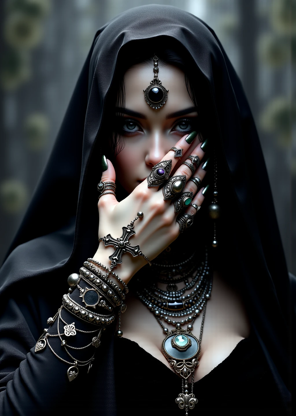 (amazing transcendental's dream:3.5) The photo depicts a powerful gothic sorceress, her face partially hidden by her elegantly adorned hand. She has pale, slender fingers, on which several silver magical rings, set with dark gemstones like onyx and amethyst, glimmer. Her hand is decorated with mysterious tattoos that seem to pulse with a dark energy.She wears a gothic ensemble, a black velvet dress richly embroidered with occult patterns. Her long black hair frames her pale face, and her eyes, accentuated with dark makeup, shine with an intense light. Large silver necklaces, with pendants shaped like crosses and ancient symbols, rest on her chest. The background is misty, with shadows dancing around her, enhancing the mystical and sinister atmosphere of the scene, (maximum ultra high definition image quality and rendering:3), maximum image detail, maximum realistic render, (((ultra realist style))), realist side lighting, , 8K high definition, realist soft lighting, (amazing special effect:3.5)
