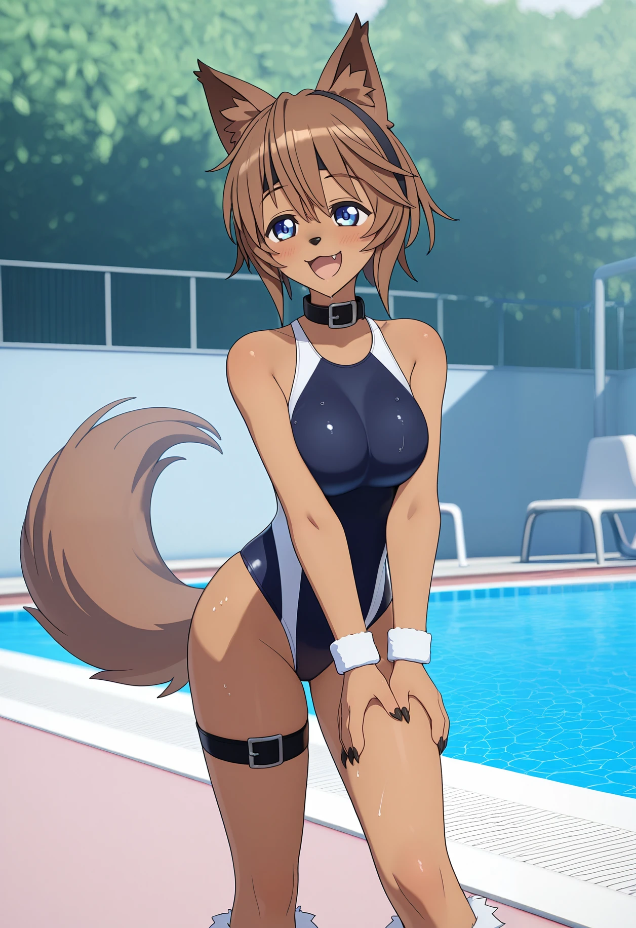 masterpiece,best quality,absurdres,highres,scenery, 

rinrin style, 3d,

1girl, polt, monster musume no iru nichijou, brown hair, short hair, blue eyes, dog ears, dog tail, monster girl, furry, anthro, kobold, dog girl, snout, fang, dark skin, fluffy shoulders, fluffy elbows, fluffy knees, claws, paw pads, competition swimsuit, shoulder strap, headband, wristband, thigh strap, collar, poolside, stretching, wet skin, smile, outdoors, solo, fang, 
