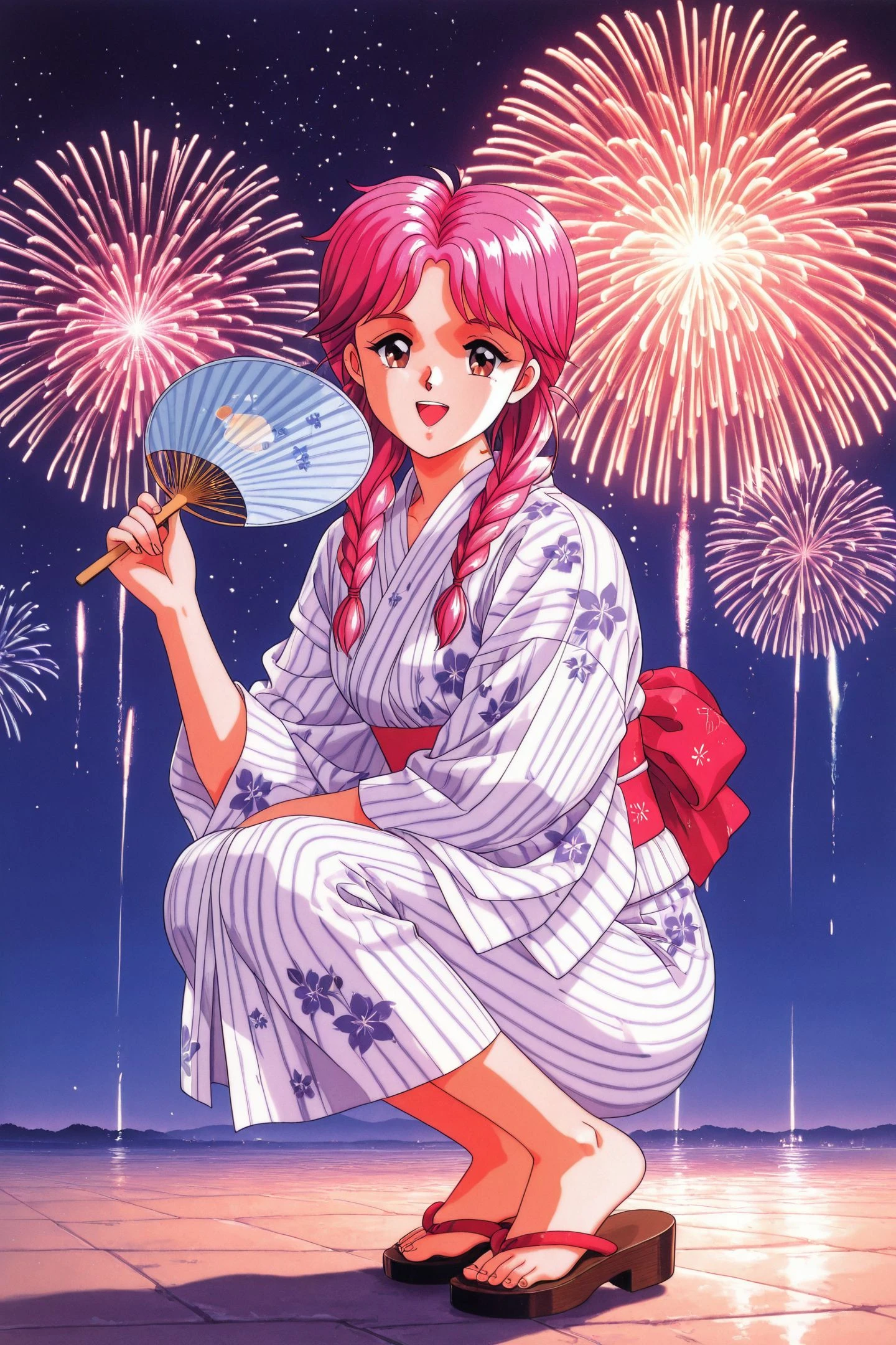 Original Style,Koshiki Yukari,1girl,solo,japanese clothes,smile,open mouth,squatting,looking at viewer,white kimono,full body,:d,sandals,holding,striped kimono,brown eyes,striped,yukata,floral print,vertical stripes,hand fan,wide sleeves,long sleeves,sash,toes,obi,paper fan,uchiwa,twin braids,retro artstyle,1990s \(style\),pink hair,night,fireworks,
<lora:Tokimeki Memorial_illustriousXL_v2:1>,