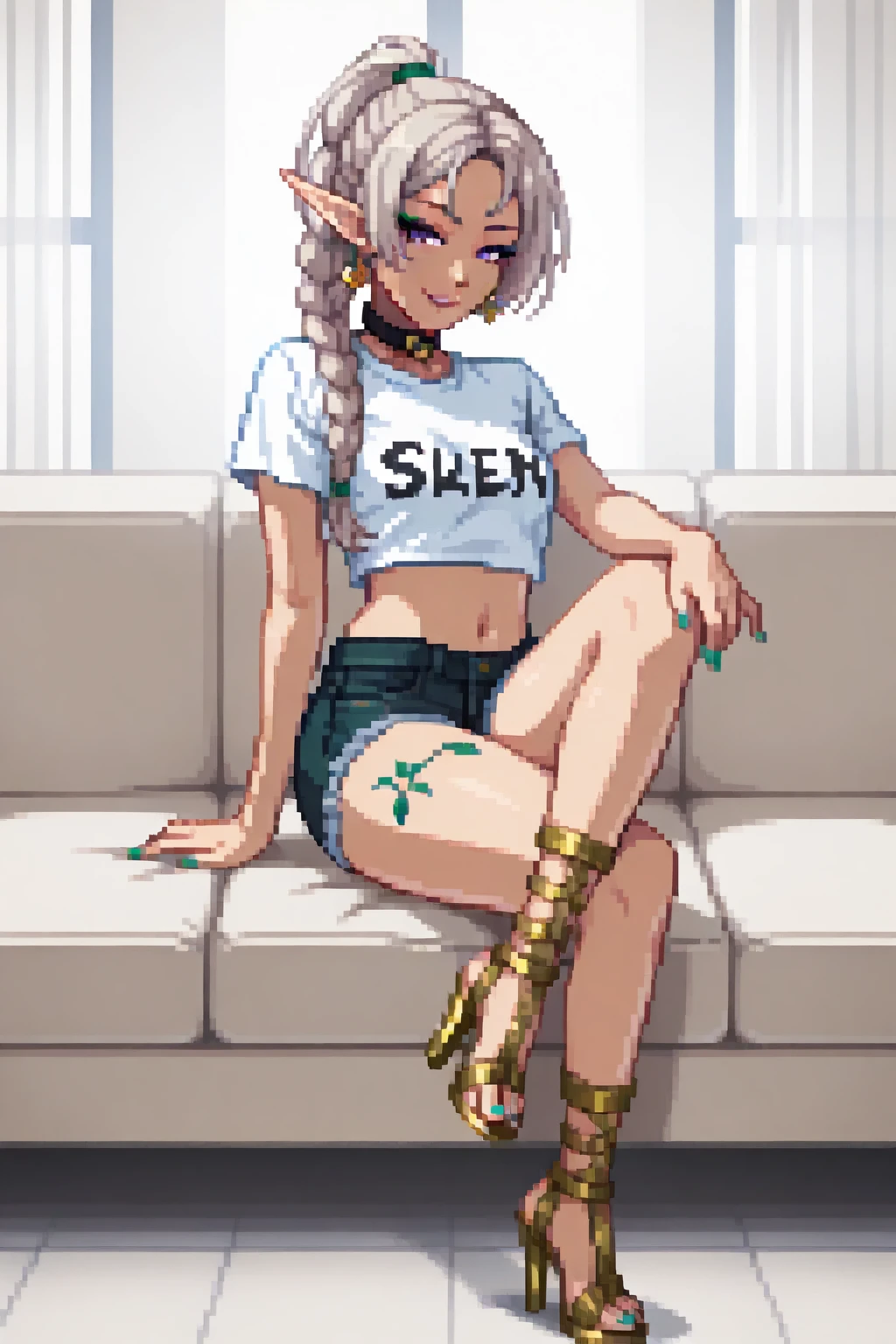 masterpiece, best quality. A full body image of a young beautiful woman. She is Dressed in a t-shirt and jeans, Jean Pants, (Gladiator Heels:1.3), Roman Heels, toes, toenail polish. Confident, Proud, Alluring, Smirk, Dynamic Pose, Sexy Pose, Sitting on a Sofa, Slave Collar. perfect body, sexy, beautiful, Crossed Legs, eyeliner, Nail Polish. Pretty Nose. Anime, Pixel Art. pixelart. Pixel. SNES Graphics. SNES Style. tasteful sensuality, softcore. Sexy High Elf. Elf Ears, Shoulder Long Hair, Platinum Hair, (Tattoos on Thigh:1.2), Tattoos, (Tribal Tattoo:1.05), (Black Tattoo:1.05), Small Breasts, Braided Ponytail, High Ponytail, Violet Eyes,
