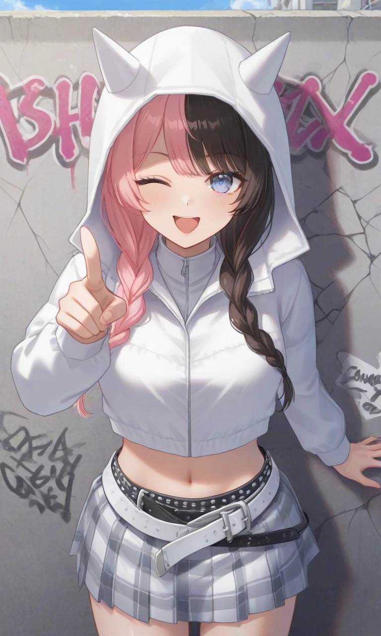 1girl, solo, large breasts, pink hair, pink eyes, t-shirt, dynamic pose, peace sign