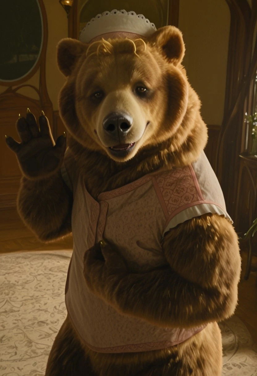 dulcibear_wicked, 1girl, furry, female brown bear, brown and golden fur (light golden fur on face), bear ears, short golden hair, brown eyes, black nose, golden claws, white maid headwear, pink top (small flowers patterns, short white sleeves), bottomless, plump, bulk, flat chest,
score_9_up, score_8_up, score_7_up, looking at viewer, smiling, smug, waving at viewer, female focus, ultra detailed, detailed background, masterpiece, best quality, 8k, Expressiveh, realistic, 3d, indoors,