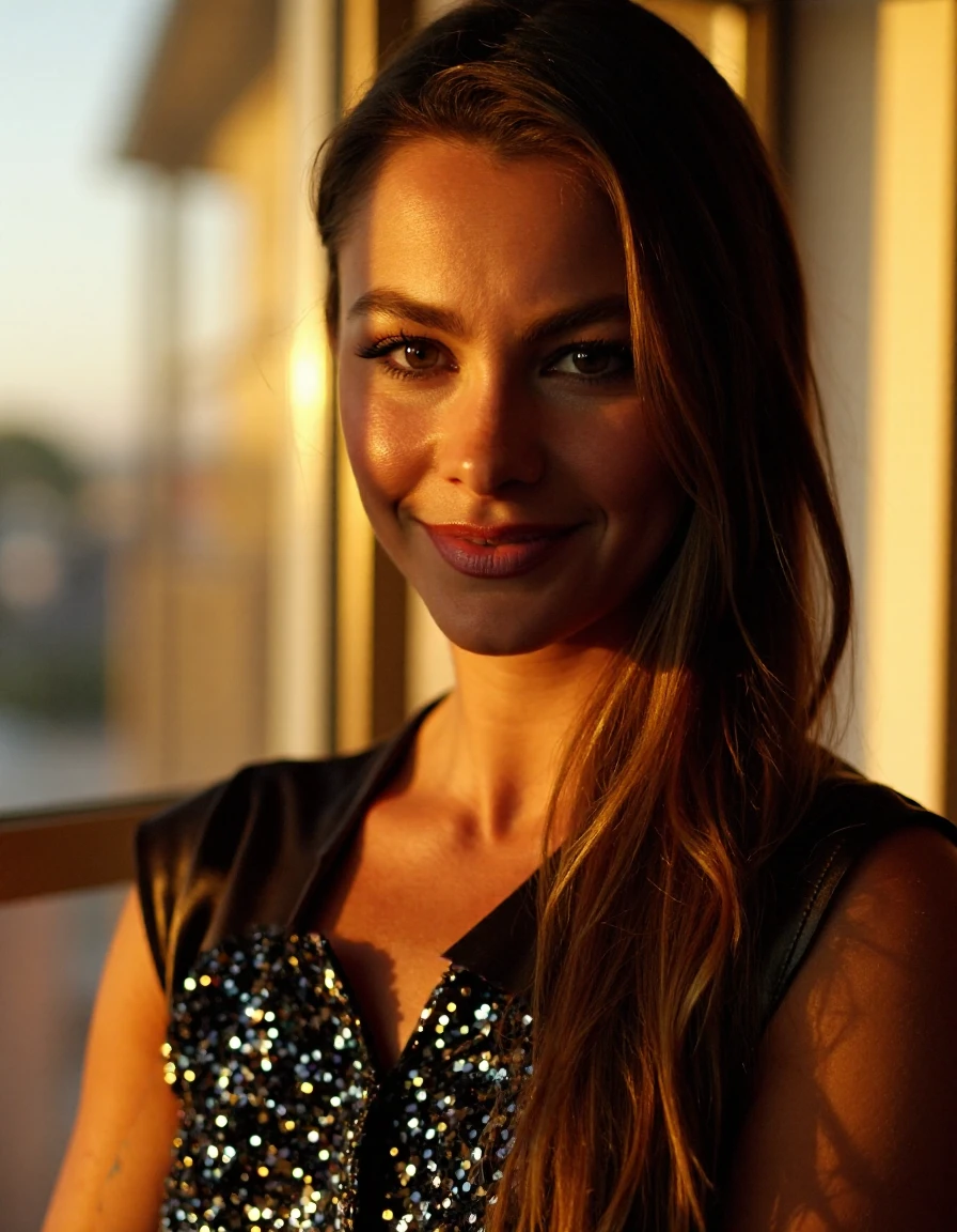 beautiful sequined painter's smock buttoned to the top <lora:zz_s_Chest_Size_Slider:-2> buttoned up top