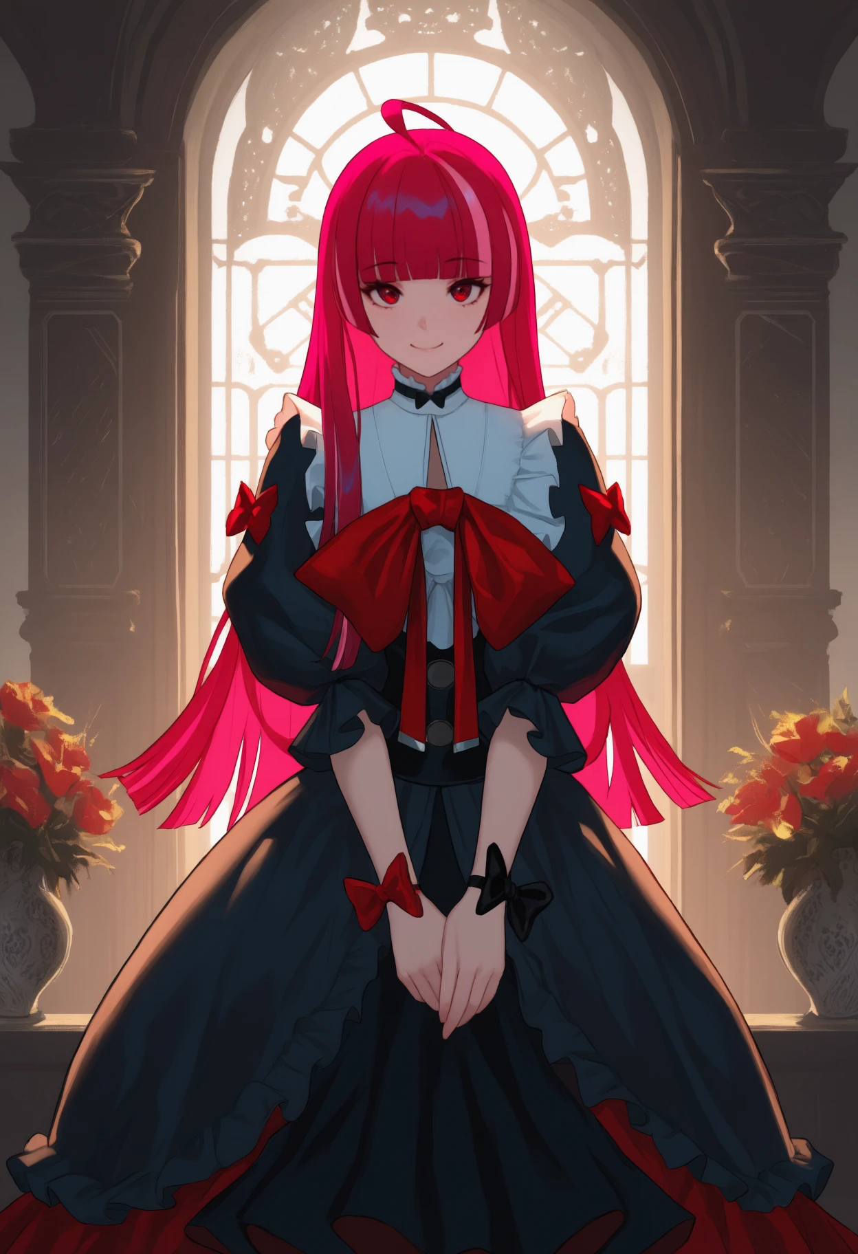 masterpiece, best quality, newest, solo, 1girl, ol1v1a, smile, looking at viewer, standing, v arms, long hair, streaked hair, red hair, pink hair, blunt bangs, ahoge, hair down, red eyes, frills, black dress, red bow, puffy sleeves, wrist bow, black bow, indoors, european architecture, window, vase
<segment:yolo-Anzhc Face seg 640 v3 y11n.pt,0.4,0.6//cid=11>