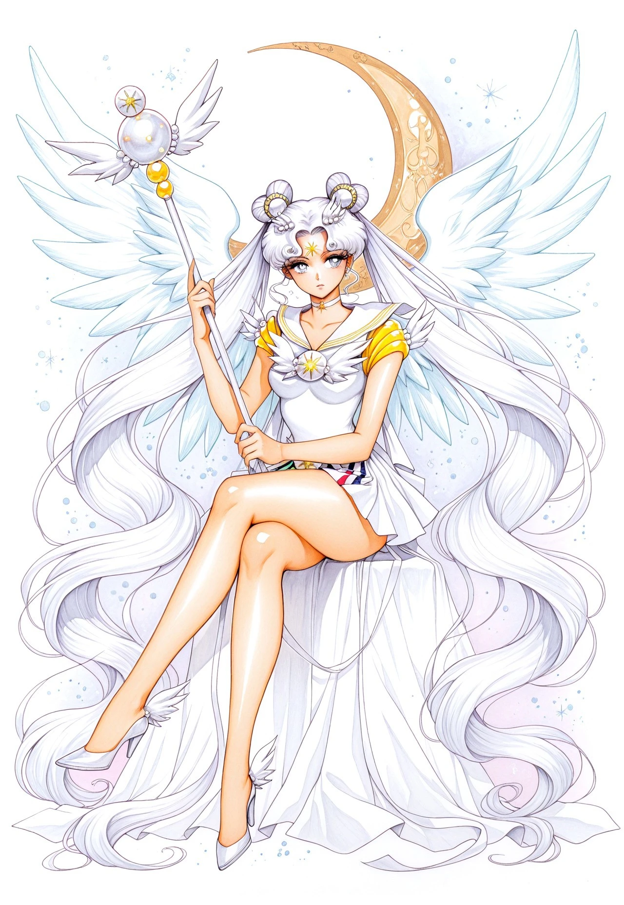 masterpiece, best quality, Sailor Cosmos, 1girl, solo, long hair, skirt, hair ornament, dress, holding, twintails, jewelry, sitting, very long hair, full body, white hair, wings, shoes, choker, sailor collar, hair bun, white dress, high heels, bare legs, double bun, facial mark, traditional media, magical girl, white footwear, crossed legs, staff, brooch, white sailor collar, hairpin, forehead mark, holding staff, white choker, sailor senshi uniform, crescent facial mark