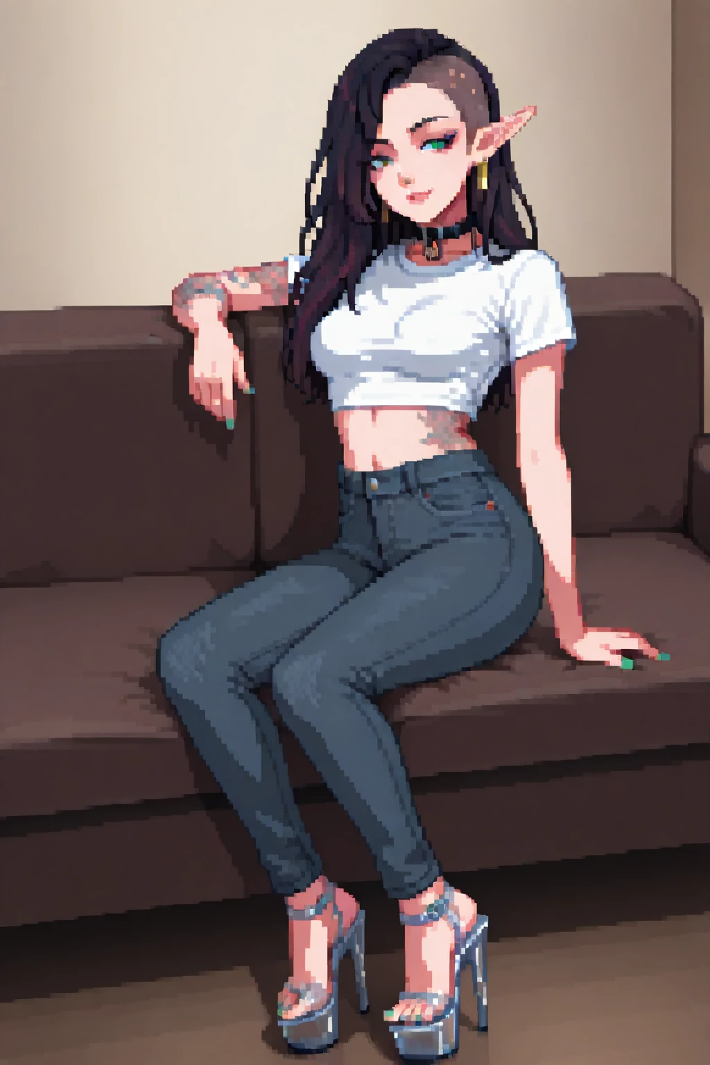 masterpiece, best quality. A full body image of a young beautiful woman. She is Dressed in a t-shirt and jeans, Jean Pants, Platform Heels, Clear Heels, clear platform, Stripper Heels, Acrylic Heels, 6" Heels, 2" platform. toes, toenail polish. Confident, Proud, Alluring, Smirk, Sitting on a Sofa, Dynamic Pose, Sexy Pose, Slave Collar. perfect body, sexy, beautiful, eyeliner, Nail Polish. Pretty Nose. Anime, Pixel Art. pixelart. Pixel. SNES Graphics. SNES Style. tasteful sensuality, softcore. Sexy Elf Woman. Elf Ears. Black Hair, Shaved Undercut, Undercut Hair Style, Undercut, sidecut, asymetrical hair, Tattoos on Left Arm, Left Arm Covered in Tattoos. Medium Sized Breasts. Medium long hair, green eyes, Hair Down,