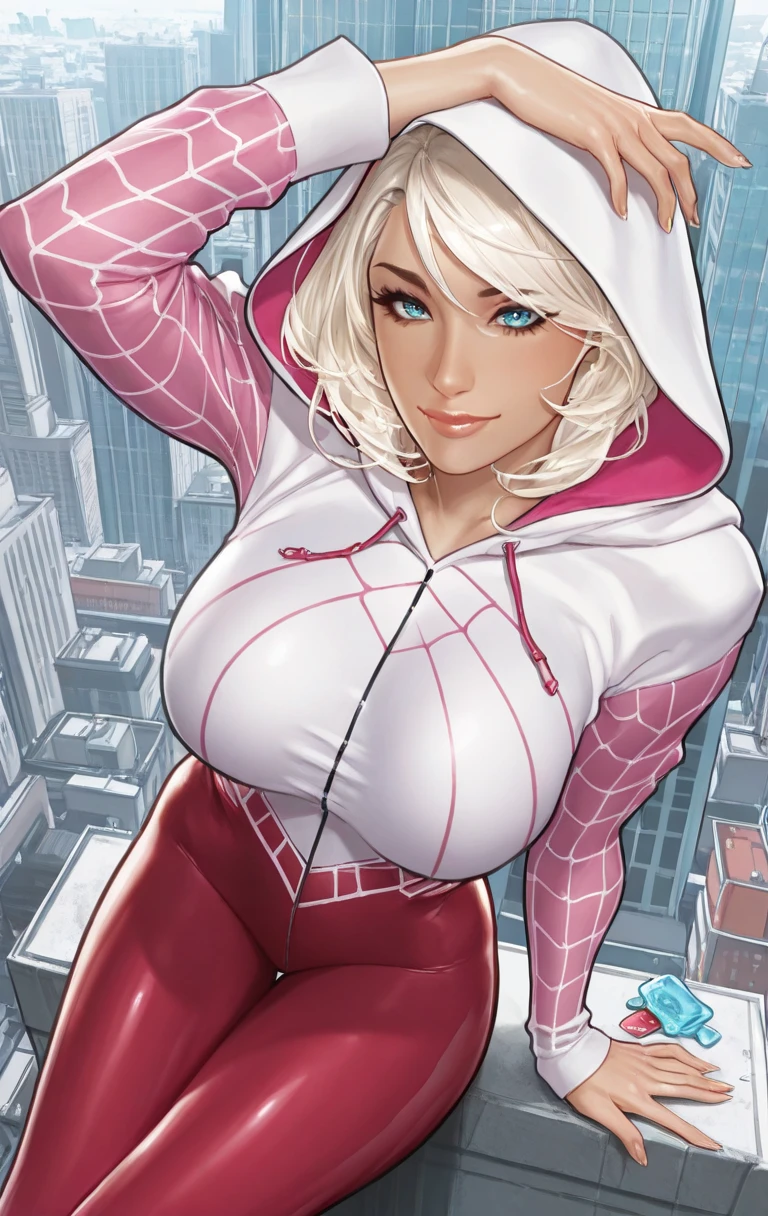 "0" :"masterpiece, 1girl, solo, looking at viewer, short hair, blonde hair, blue eyes, white hair, long sleeves, pantyhose, hood, bodysuit, hood up, white hoodie, hood down, city, cityscape, spider web print, pink hoodie,l0b0s,((shinny skin,large breast,embedding:Smooth Quality))",