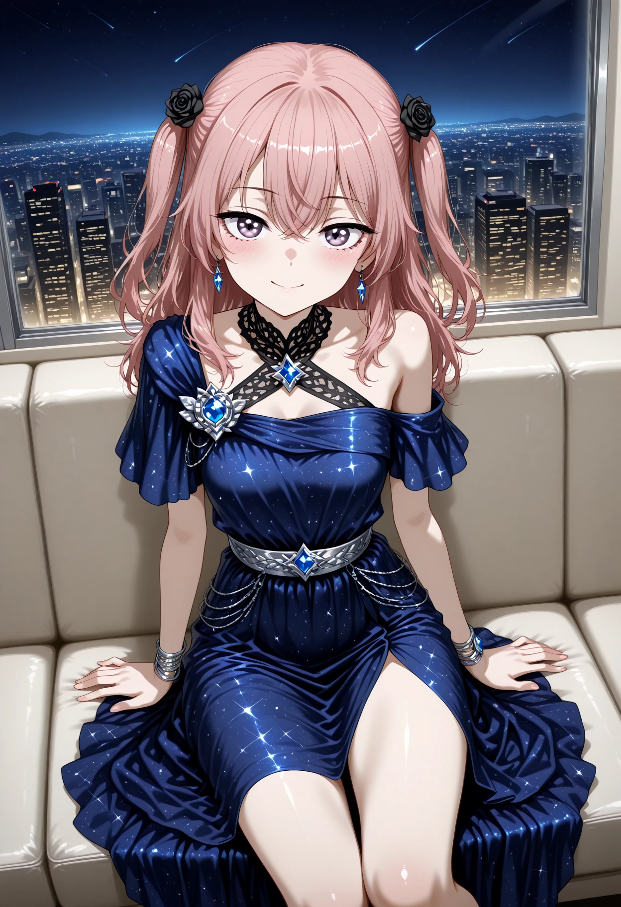 masterpiece, best quality, amazing quality, 1girl, solo, makeup, perspective, general, looking at viewer, dynamic angle, cowboy shot, smile, hotel, room, night, cityscape, sit on couch, indoors, windows, fancy, blush, lovely, posing, looking at viewer, <lora:SonoBisqueDoll_InuiSajuna_IlluXL:0.9>, long hair, two side up, crossed bangs, pink hair, multicolored eyes, hair flower, black rose, <lora:Nebulas_Embrace_Dress:1>, Nebulas_Embrace_Dress, dress, blue dress, long dress, starry sky print, evening gown, halterneck, jewelry, gem, blue gemstone, bare shoulders, single bare shoulder, asymmetrical sleeves, side slit, bracelet, earrings, anklet, bare legs, black footwear, high heels, <lora:wai-Rectified-s:1>, <lora:prompt_extend:1>