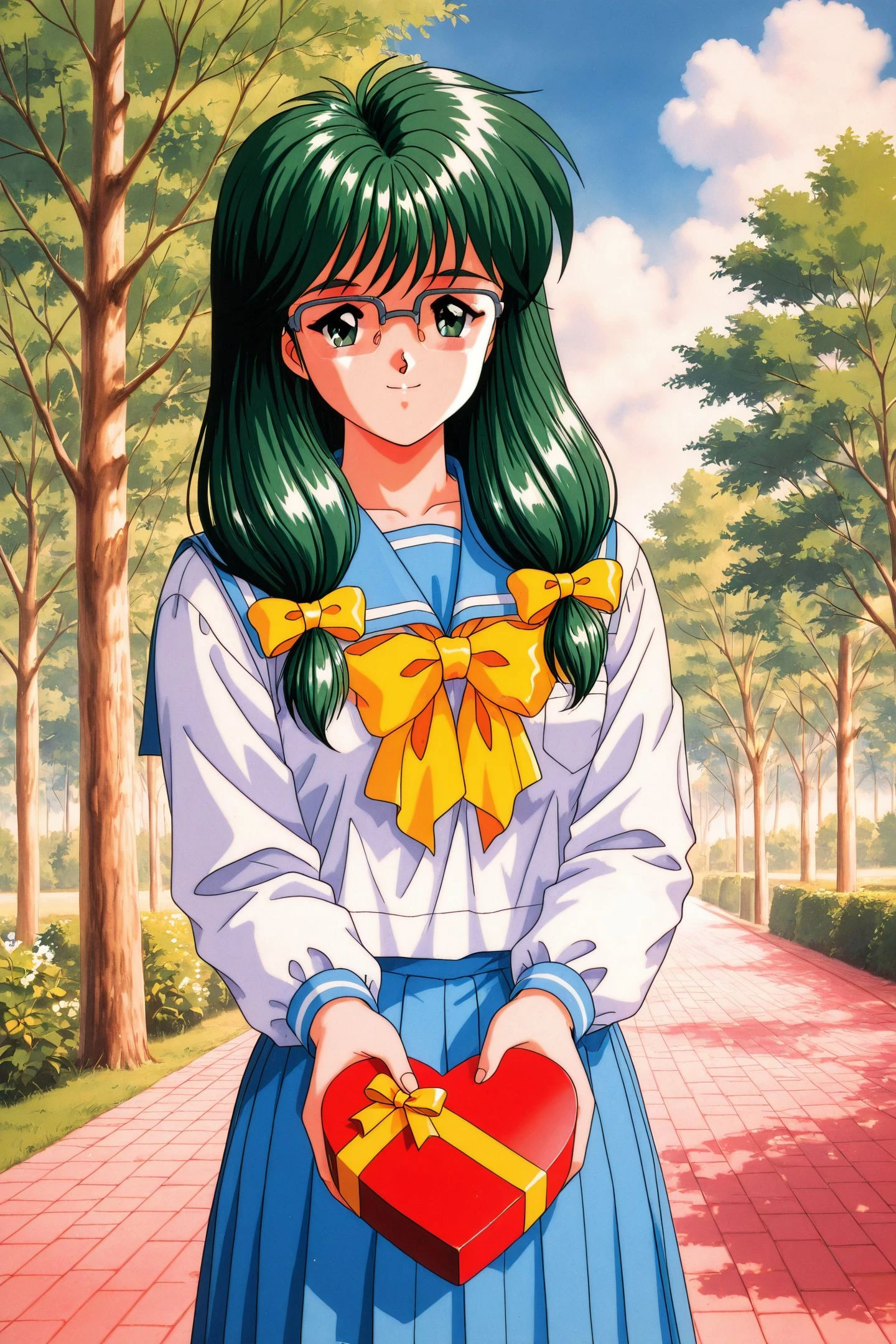 Original Style,Mio Kisaragi,1girl,solo,school uniform,glasses,skirt,twin braids,green hair,long hair,retro artstyle,green eyes,outdoors,pleated skirt,bow,yellow bow,serafuku,smile,1990s \(style\),over-rim eyewear,long sleeves,looking at viewer,day,blue skirt,cowboy shot,tree,low-tied long hair,heart,gift box,heart-shaped box,holding gift box,valentine,
<lora:Tokimeki Memorial_illustriousXL_v2:1>,