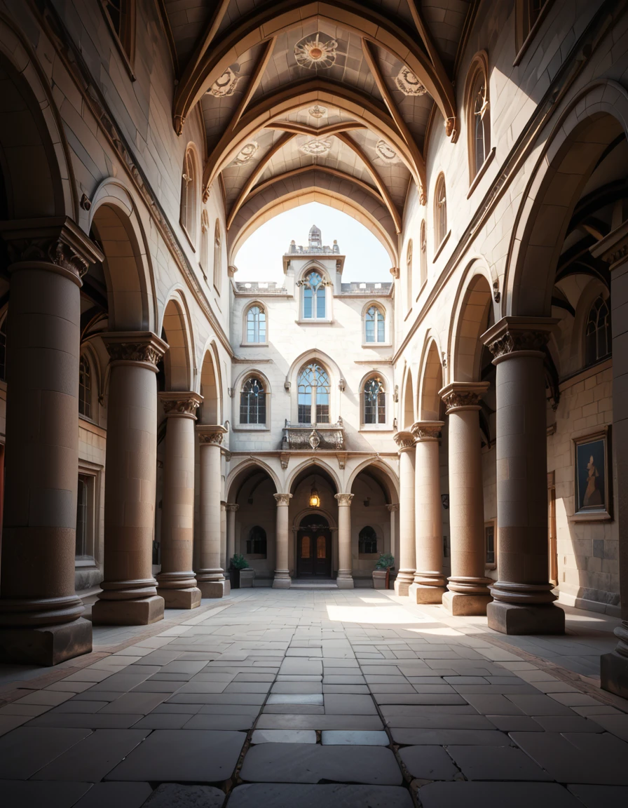 A historical courtyard framed by tall, arched stone arcades with detailed columns and aged masonry. The architecture is reminiscent of a Gothic or medieval European style, with weathered beige and grey stones. The ground is paved with large rectangular stone tiles, slightly uneven and textured with age. Soft natural daylight illuminates the courtyard, casting gentle shadows under the arches. The space feels both grand and enclosed, evoking the atmosphere of an ancient university or magical institution,historical c0urty4rd, <lora:historical_c0urty4rd-p:1>,score_9, score_8_up, score_7_up,amazing quality, ultra realistic, 3D, HD, best quality, amazing quality, very aesthetic, absurdres