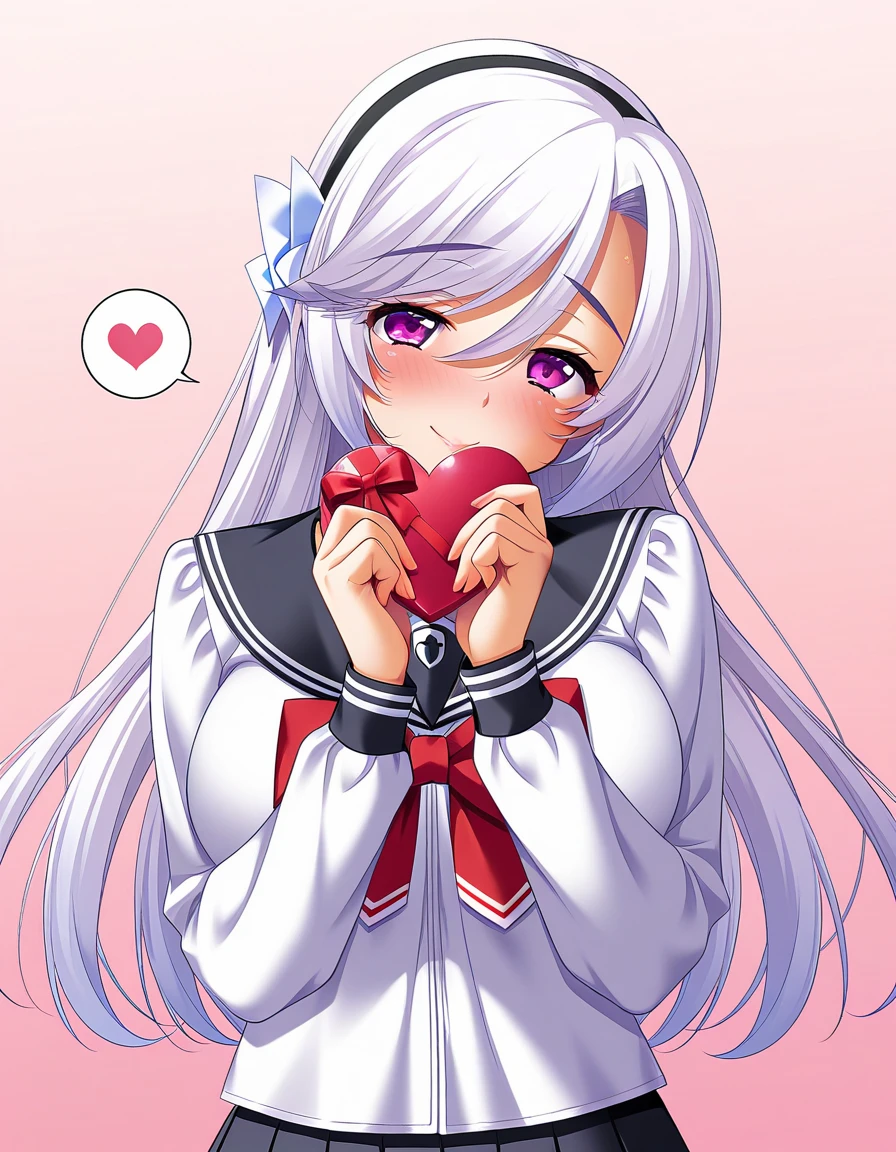 masterpiece, best quality, amazing quality, very aesthetic, high definition, official art, ultra detailed,
1girl, solo, watase_nagisa, purple eyes, eyelashes, hair between eyes, long hair, hairband, white hair, white hair ornament, large breasts BREAK
school uniform, red bow, pantyhose, pleated skirt, black sailor collar, black skirt,
lovestruck, shy smile, blush, head tilt, looking at viewer, spoken heart, standing, holding heart gift, hand over own mouth, gradient background, pink background, front view, upper body, ultra detailed, best hands<lora:watase nagisa v1.00-000016:1>