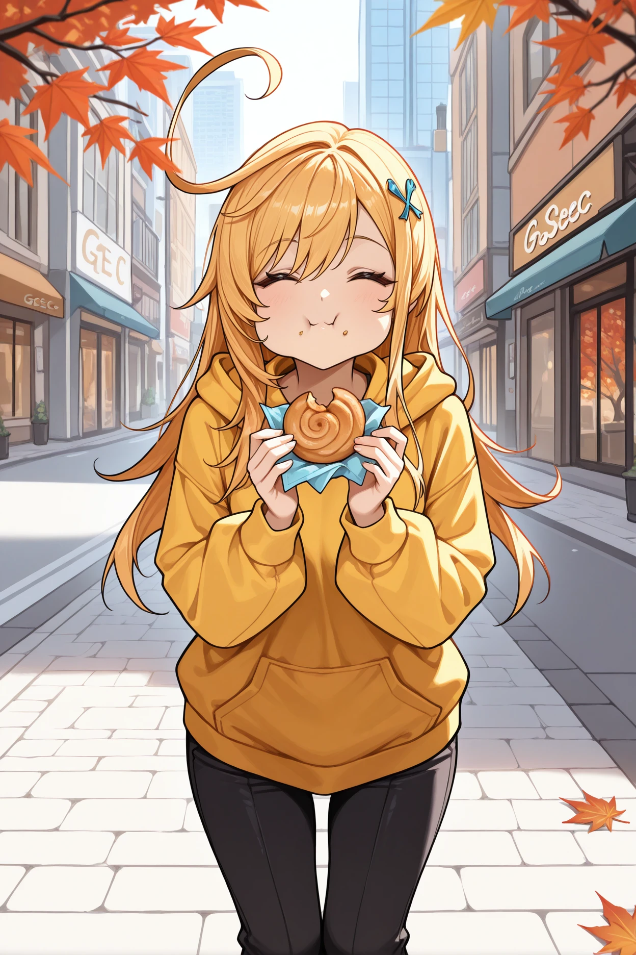 masterpiece, best quality, 1girl, solo,<lora:escoffier-illu-nvwls-v1-000007:1> gsesc, blonde hair, long hair, ahoge, hair ornament, yellow hoodie, black pants, happy, holding pastry, autumn, city street, looking at viewer, puffy cheeks, closed eyes, ^_^