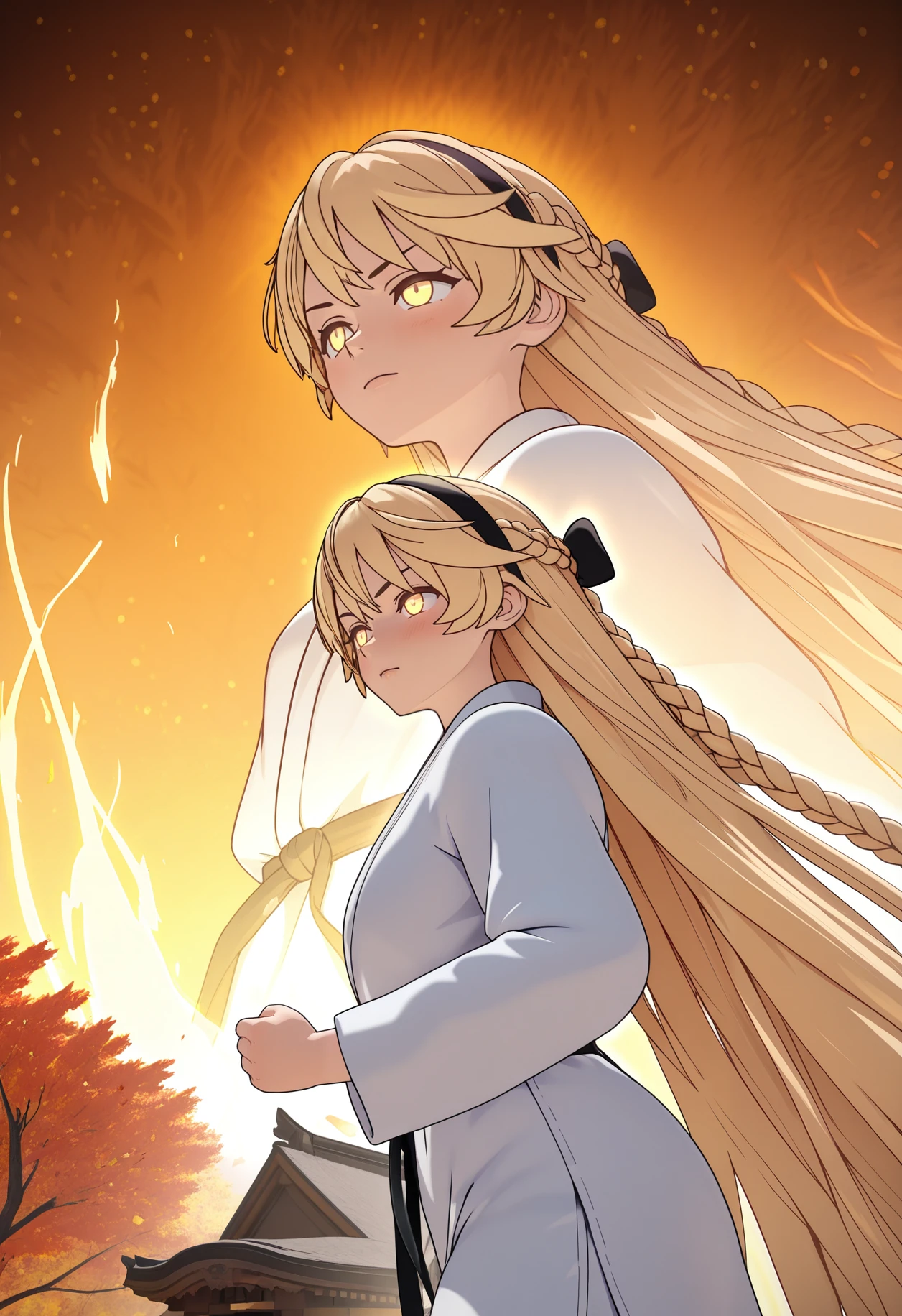 masterpiece,best quality,absurdres,highres,scenery,
rinrin style, 3d,
ccmiquella,1boy,solo,blonde hair,very long hair,absurdly long hair,half up braid,multiple braids,yellow eyes,glowing eyes,colored eyelashes,long eyelashes,hair flowing over, street fighter costume,hairband,v-shaped eyebrows,dougi, aura,energy,projected inset,fighting stance,floating hair, outdoors,shrine,autumn leaves,autumn,detailed background,scenery,upper body, dynamic pose, from below,