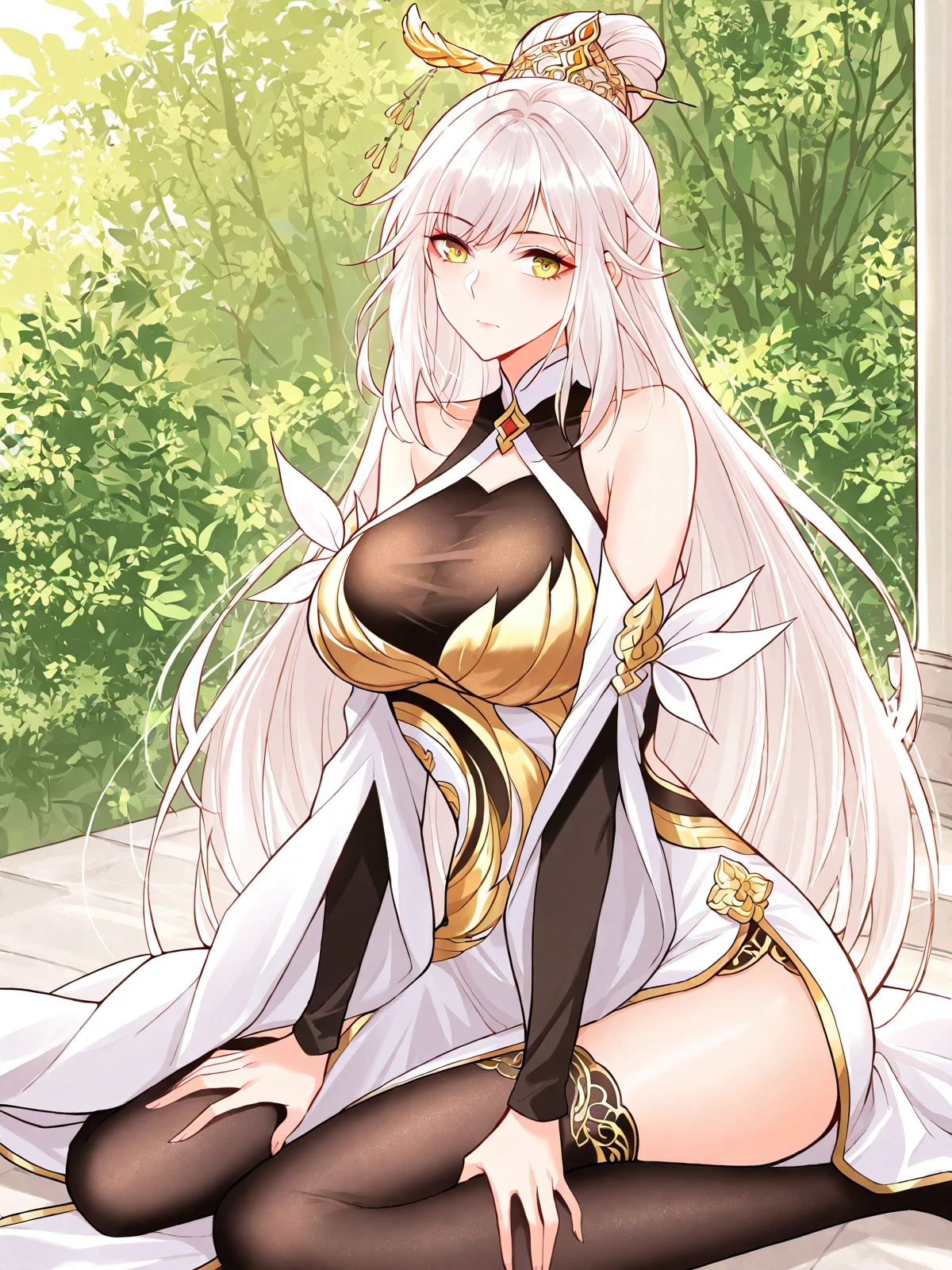 <lora:It_Starts_With_The_Confession_To_The_Beauty_Master__Yue_Yao__Illustrious:1>
1 girl, solo, long hair, white hair, hair bun, side bangs, golden eyes, ornamental hairpin,
chinese outfit, white and black dress, sleeveless top, detached sleeves, high slit skirt, black thigh-high stockings, golden decorations, gold-trimmed fabric, translucent white drape, asymmetric outfit,
score_9, score_8_up, score_7_up, masterpiece, best quality, absurdres, perfect anatomy, 1girl, solo, wariza, sitting, hands on own knees, garden background