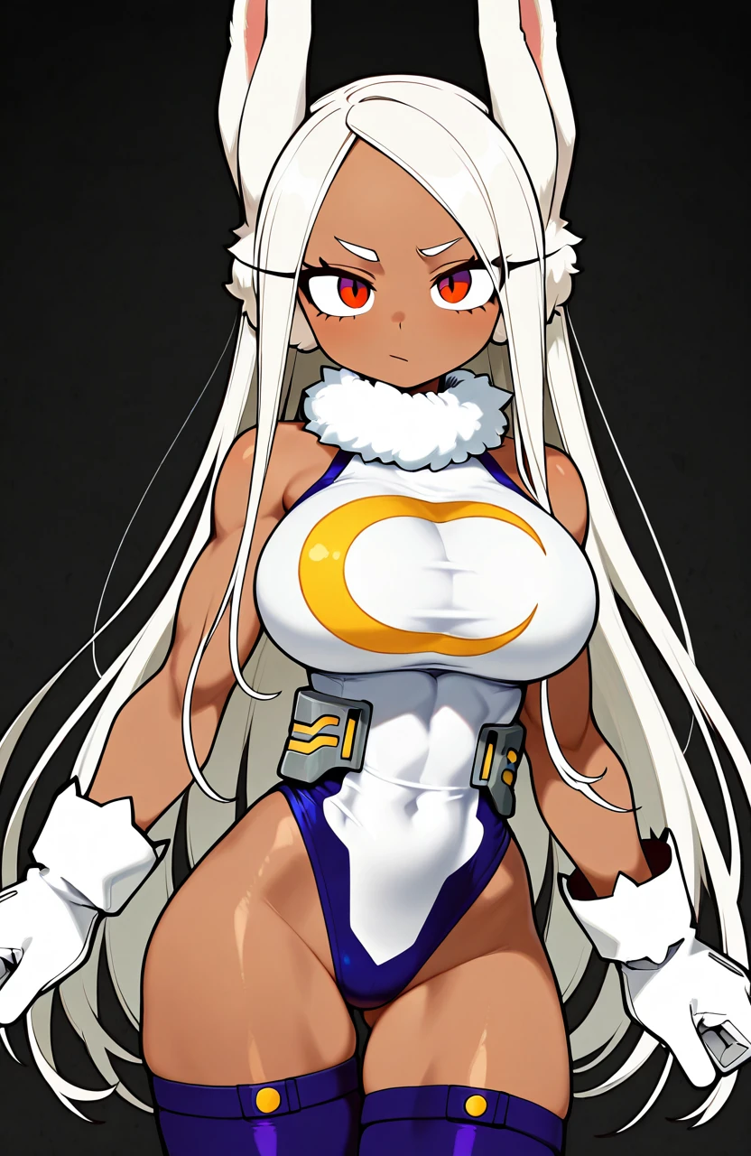 1girl, dark skin, dark body, white hair, long hair, breasts, large breasts, thick thighs, wide hips, tiger print, whote tiger, white tiger print, bikini, tiger ears, white tiger ears, smile, smirk, smug, thighhighs