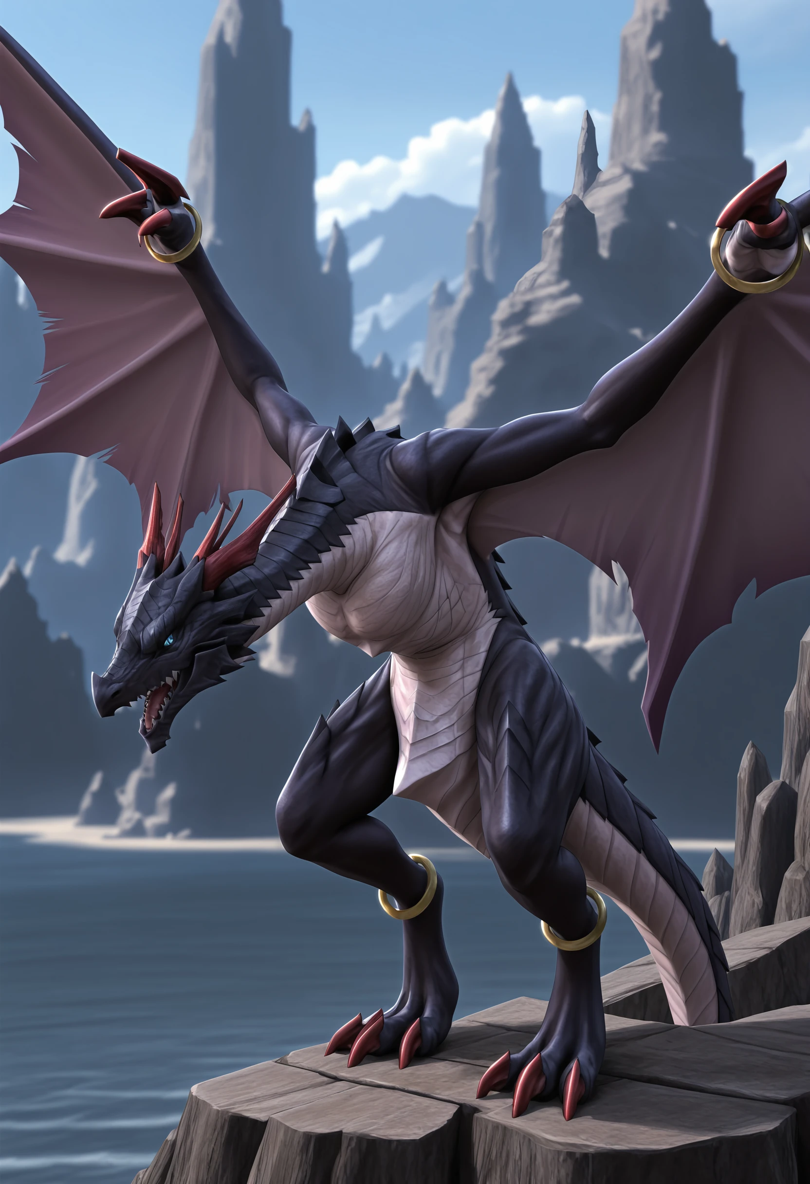 masterpiece, best quality, amazing quality, very aesthetic, absurdres, newest, <lora:GabriellaDrakengardILf:1> g4bilf, no humans, dragon, horns, wings, blue eyes, sharp teeth, claws, anklet, bracelet, full body, outdoors,