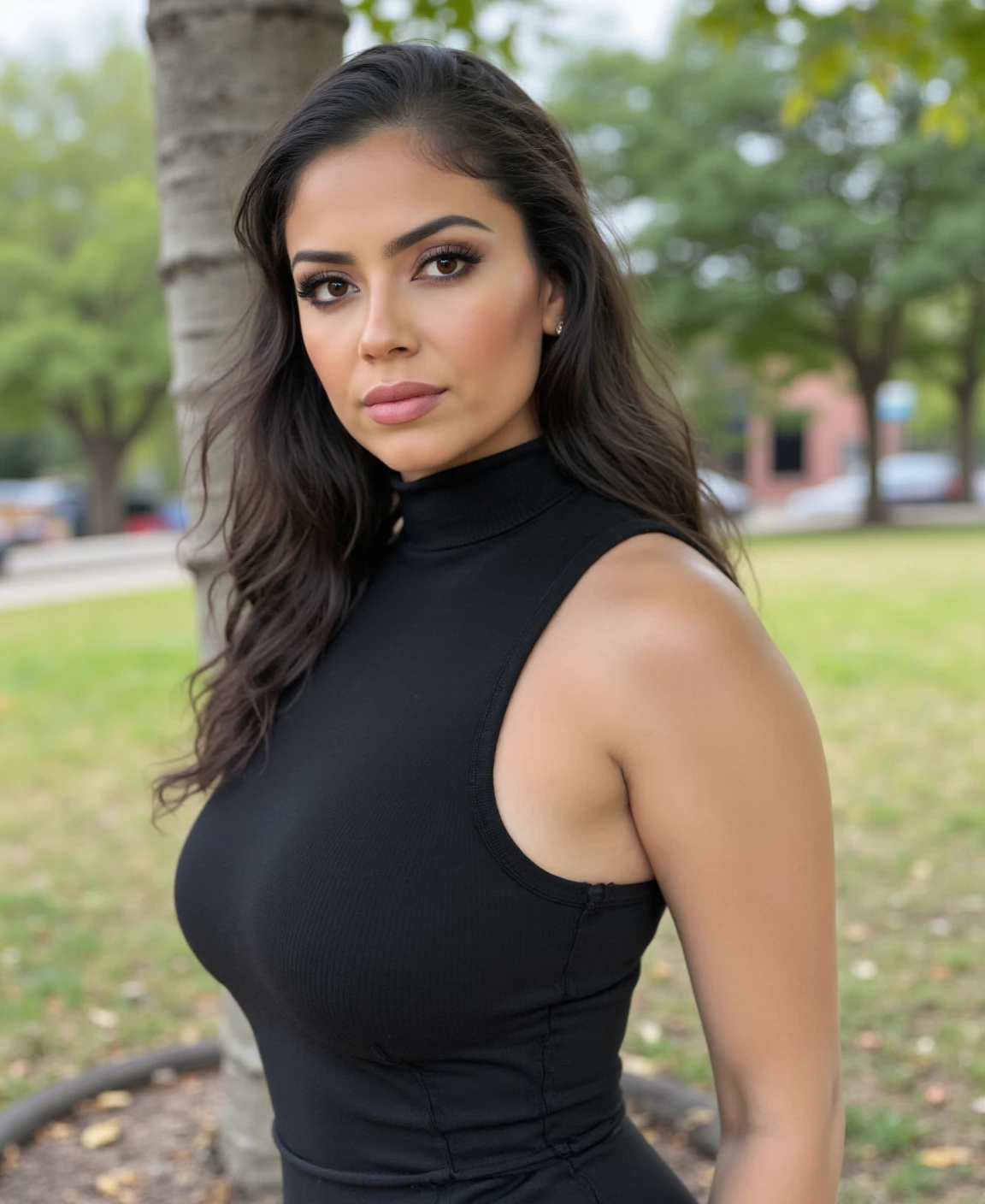 45 ans,(Une MILF:1.2), un regard captivant, yeux verts, robe moulante noire, sur Ornella Muti, ((45 ans))(8k, High resolution, Ultra-quality, A quality of'image ultra élevée, Ultrarealistic, best quality:1.2) huge D cup tits:1.1),, eyes visible through the hair, with brown black hair, bobbed hair, bonne position des yeux, cinematic light, Soft light, lombes,, detailed color background, Convoluted, Very detailed, 8k, Overall Silhouette, posant professionnellement dans le parc public, En regardant directement la caméra, Souriant