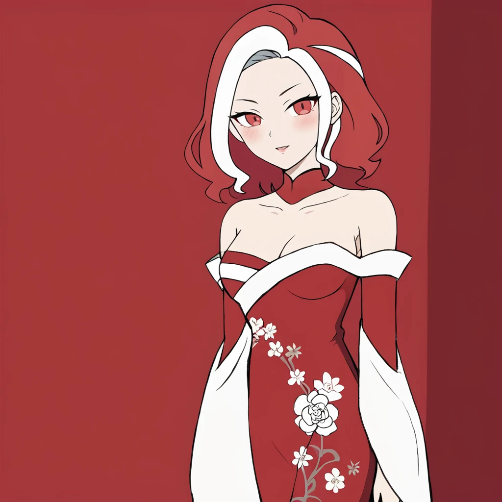 <lora:Manjusaka_pony_v1:.7> Manjusaka , 1girl, breasts, red eyes, multicolored hair, red hair, white hair, two-tone hair, cowboy shot, <lora:1007 Chinese wedding dress_v1_pony:1> ruanyi1007,bare shoulders,detached sleeves,red dress,floral print,strapless dress,