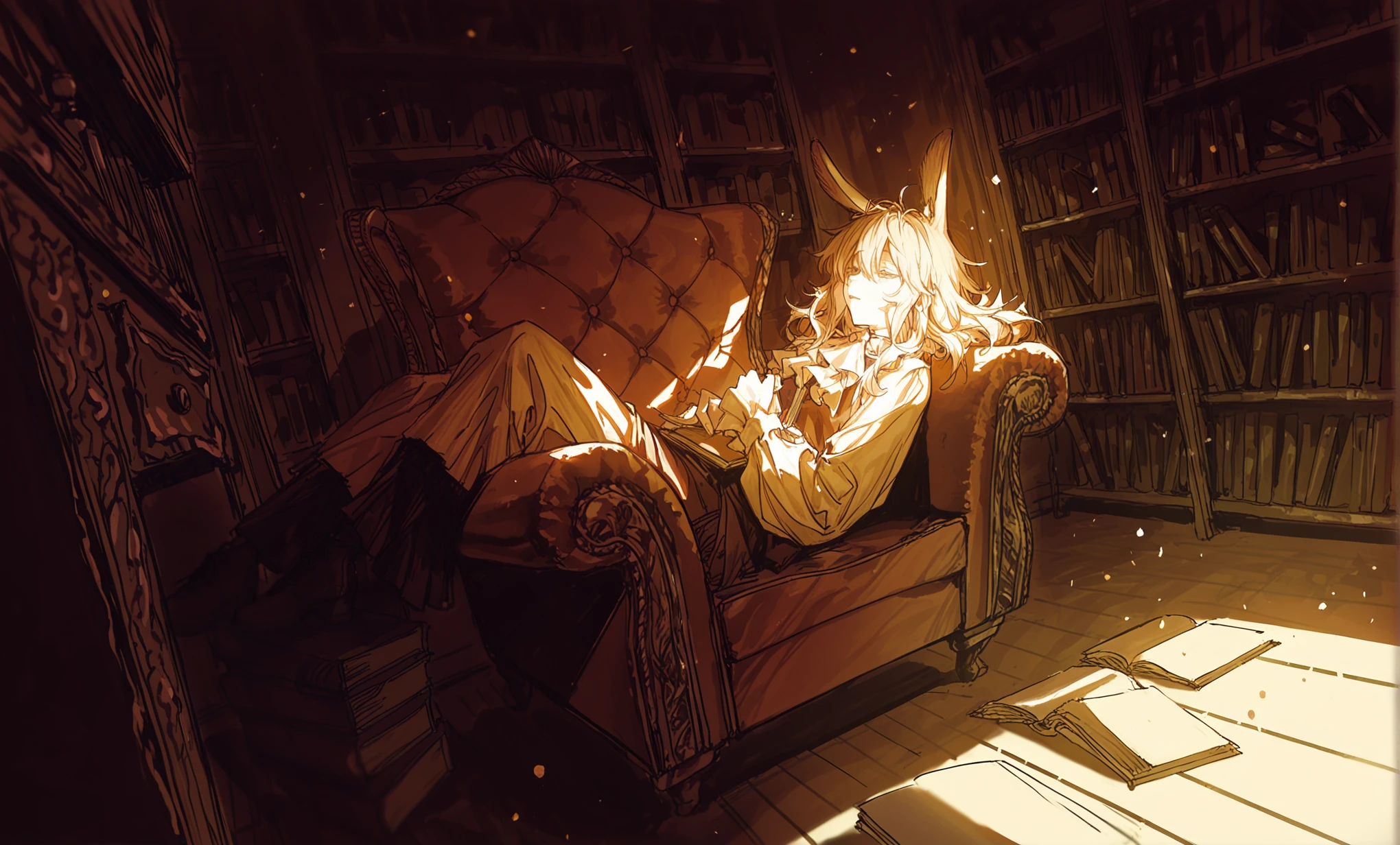best quality,masterpiece,absurdres,newest,
<lora:FXP02_Lokr_f4-000016:0.8>, ,fxp02,
A dynamic fantasy illustration with a cool aesthetic, rendered with painterly textures and subtle brushwork. Features an eerie, surreal atmosphere, employing dramatic, high-contrast lighting like rim light or backlighting, and glowing elements to evoke a mythic, poignant narrative.,
,(very dark thme:1.2),(weaklight,backlight,volumetric lighting,),(dramatic angle,dynamic angle,dynamic pose),
An anime girl with dark, slightly messy hair and prominent rabbit ears, wearing a comfortable cream-colored blouse, is curled up in a large, worn armchair in a cozy library corner. Sunlight streams intensely from a nearby window, backlighting her figure and illuminating floating dust particles. She's engrossed in a large, open book resting on her knees, a faint smile on her lips. Shelves packed with books form the background. Warm, nostalgic atmosphere, painterly texture, strong chiaroscuro lighting.