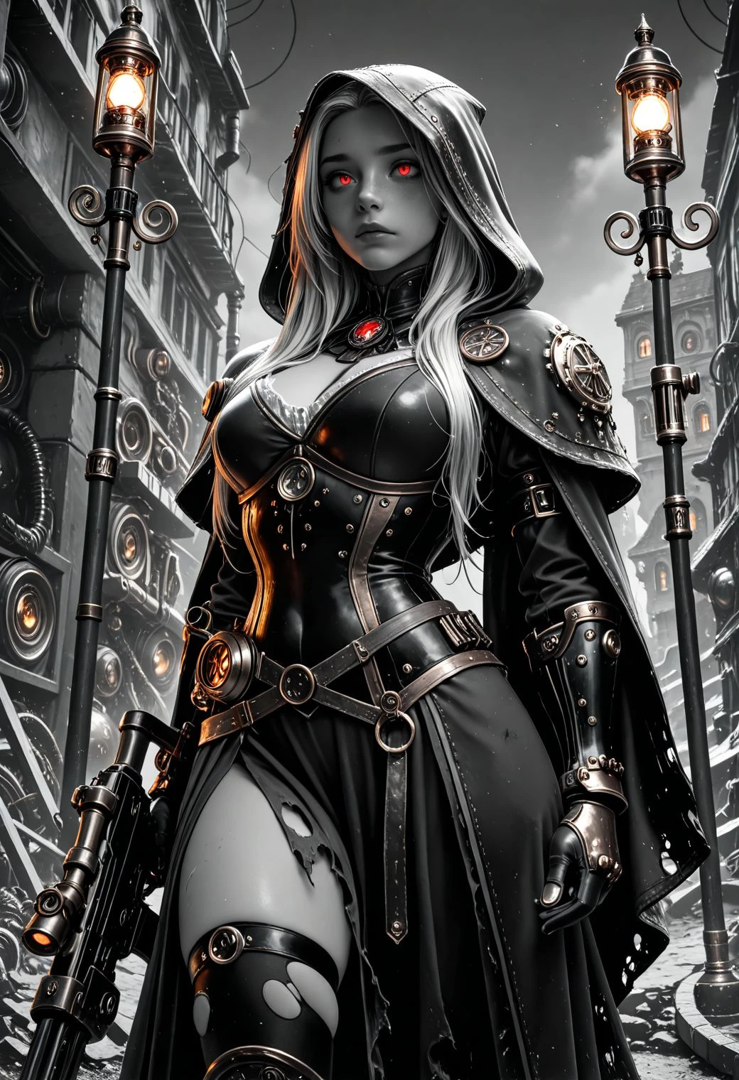 SmoothNoob_Quality, steampunk, thick lineart, monochrome, greyscale, solo. A black and white sketch of an enigmatic woman with red eyes, dressed in dark armor and carrying a machine gun. Her long hair is tied back by a hood that covers her face completely. She stands tall against the backdrop of war-torn urban landscapes at night, creating a dramatic contrast between light and shadow. <lora:SLE_v2:-0.5> <lora:Smooth_Booster_v3:0.5> <lora:IncaseStyle_NoobAI:0.2> <lora:All_Disney_Princess_-_Illustrious:0.3> <lora:Smooth_SteamPunk:0.6>