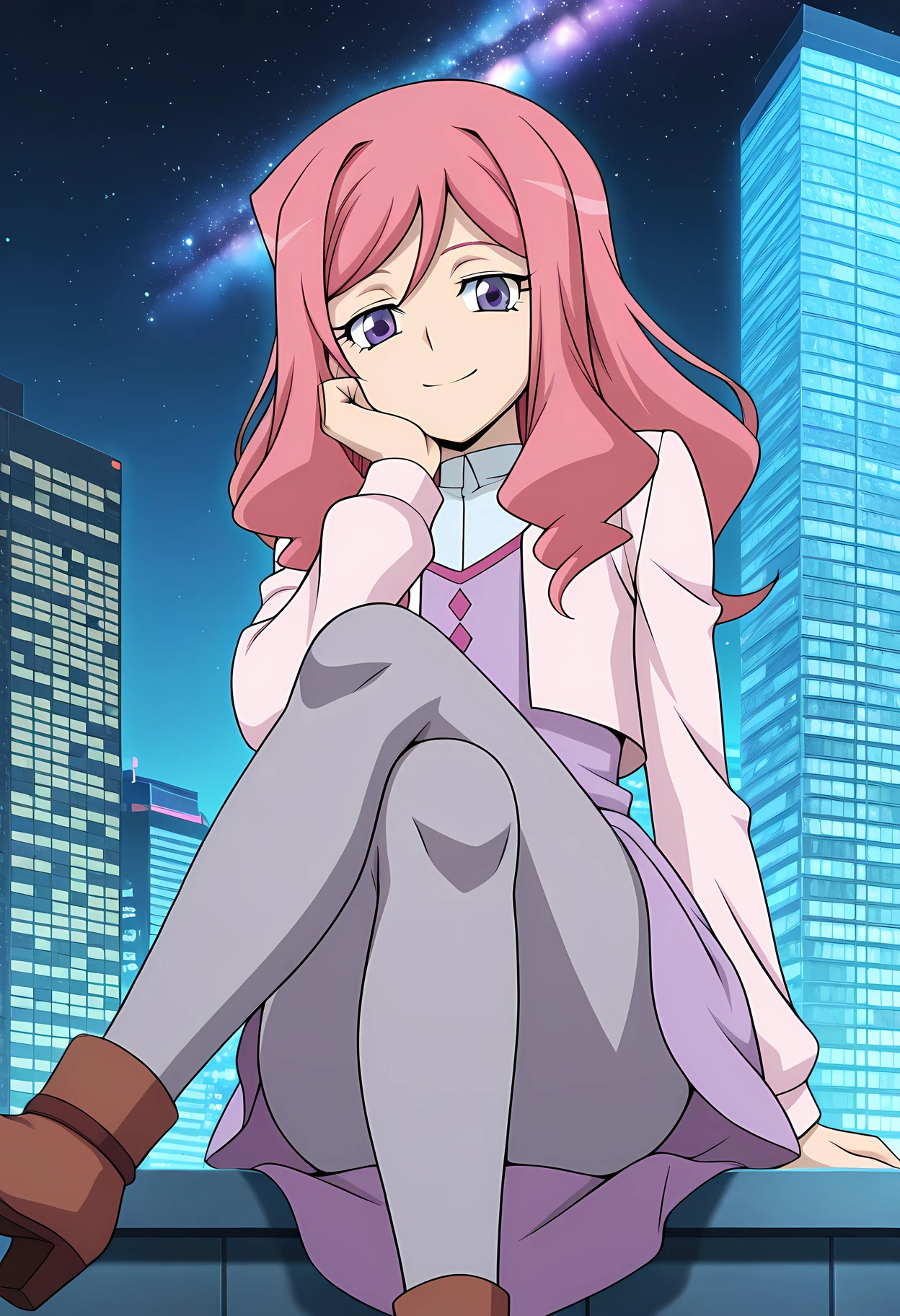 masterpiece,best quality,amazing quality,

solo, 

Kumi Okazaki (Cardfight Vanguard), long hair, pink hair, purple eyes,

dress, long sleeves, grey pantyhose, brown footwear,

looking at viewer, smile, cheeks leaning on arm,

cinematic, crossing legs, 

Outdoors, night, On top skyscraper, sci-fi city, (galaxy sky:1.2),

Lens flare, bloom,

Official style, anime screencap, anime coloring,












