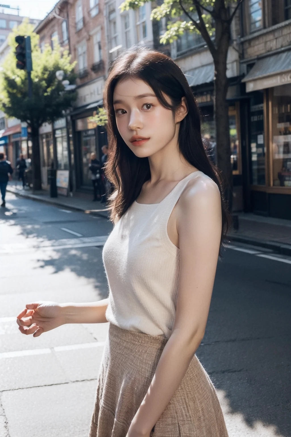 Open shirt, (((Leaning forward))), ((,Round face, Around 17 years old,mini skirt、loose tank top)), Long Hair, , Natural Makeup, Lips become thicker, Sexy Gaze, barefoot, ((Raise one leg)), Shooting from below,Gentle expression ,((Extremely precise and accurate anatomy)), (masterpiece:1.43), Perfect proportions, Realistic photos, Full Shot, whole body, (height: 165cm),