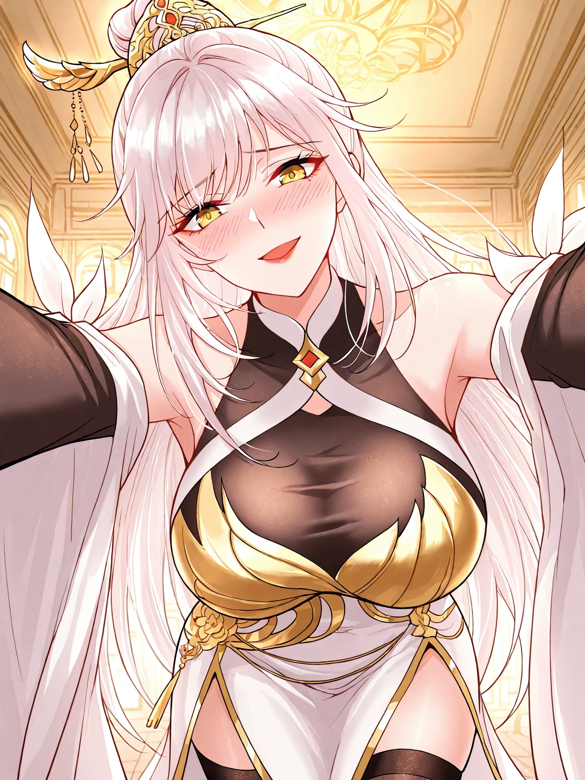 <lora:It_Starts_With_The_Confession_To_The_Beauty_Master__Yue_Yao__Illustrious:1>
1 girl, solo, long hair, white hair, hair bun, side bangs, golden eyes, ornamental hairpin,
chinese outfit, white and black dress, sleeveless top, detached sleeves, high slit skirt, black thigh-high stockings, golden decorations, gold-trimmed fabric, translucent white drape, asymmetric outfit,
score_9, score_8_up, score_7_up, score_6_up, source_anime, rating_explicit, 1girl, solo, smile, embarrassed, alcalose eyes, open mouth, mansion, indoors, looking at viewer, outstretched arms, pov, close-up, (head tilt:1.2)