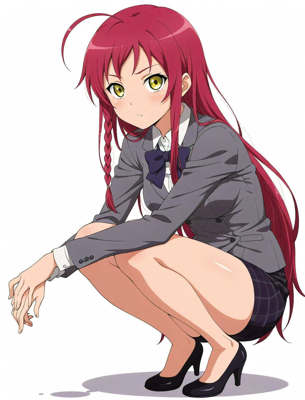 <lora:yusa_emi_XL_illustrious-noob_v1:1>1girl, yusa emi, skirt suit, squatting,, best quality, masterpiece, high quality, highres, absurdres ,<lora:NoobV065sHyperDmd:1>