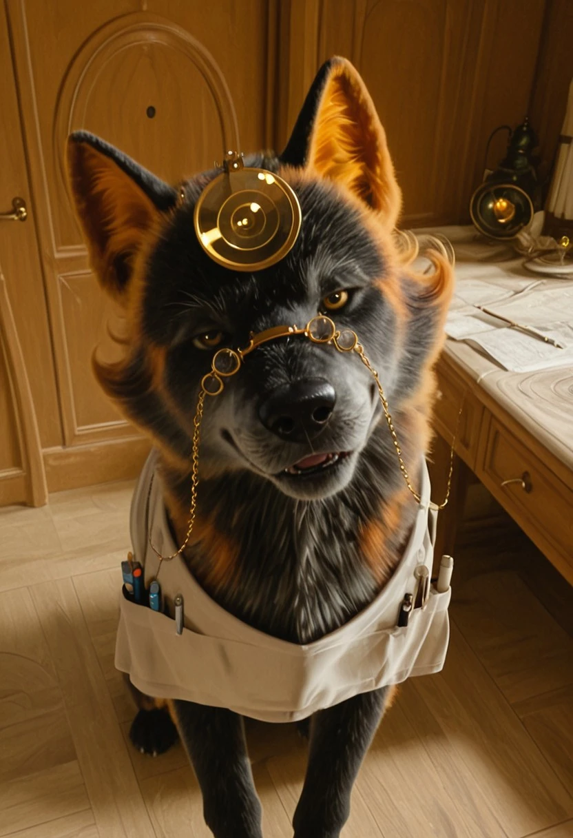wolfdoc_wicked, 1girl, female black wolf, furry, feral, black and orange fur (white fur around muzzle), orange wolf ears, short orange hair, yellow eyes, black nose, black and orange tail, head mirror, golden glasses (glasses chain), white top (medical equipment on pockets),
score_9_up, score_8_up, score_7_up, BREAK, 1girl, solo, looking at viewer, cute, smirk, from above, head tilt, female focus, ultra detailed, detailed background, masterpiece, best quality, 8k, Expressiveh, realistic, 3d, indoors,