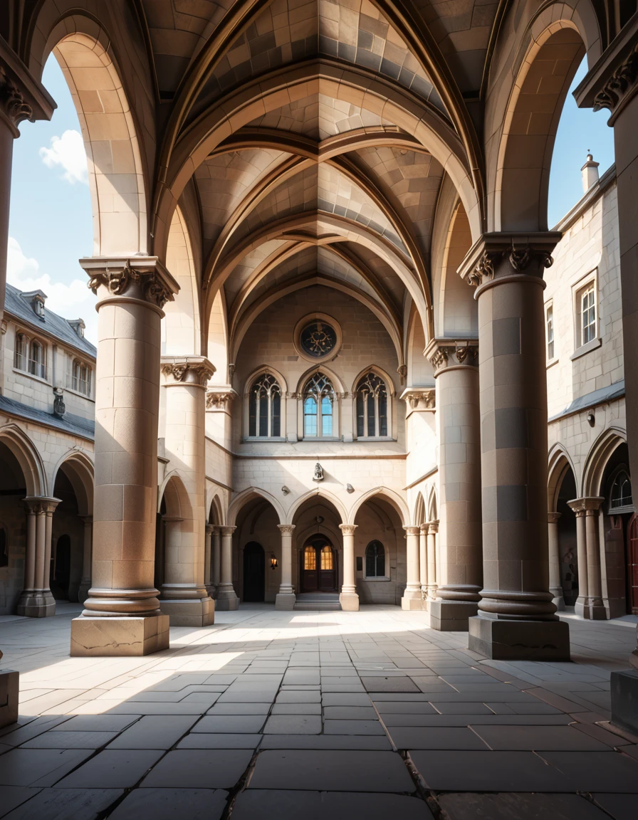 A historical courtyard framed by tall, arched stone arcades with detailed columns and aged masonry. The architecture is reminiscent of a Gothic or medieval European style, with weathered beige and grey stones. The ground is paved with large rectangular stone tiles, slightly uneven and textured with age. Soft natural daylight illuminates the courtyard, casting gentle shadows under the arches. The space feels both grand and enclosed, evoking the atmosphere of an ancient university or magical institution,historical c0urty4rd, <lora:historical_c0urty4rd-p:1>,score_9, score_8_up, score_7_up,amazing quality, ultra realistic, 3D, HD, best quality, amazing quality, very aesthetic, absurdres